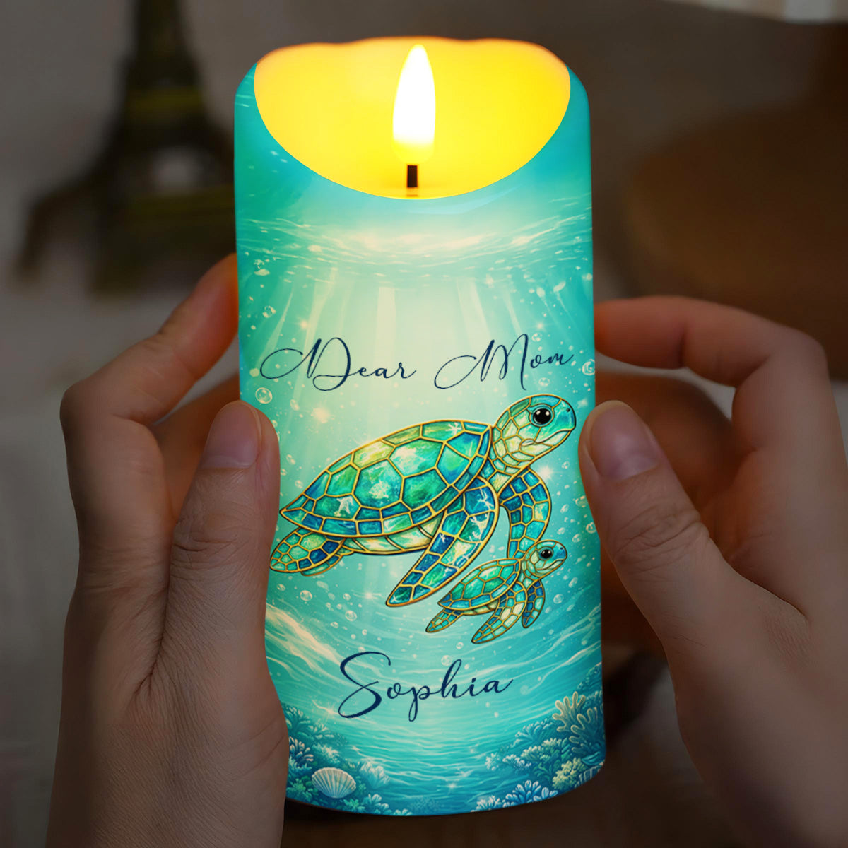 Dear Mom No Matter How Old I Get Sea Turtle Stained Glass Effect - Personalized Custom LED Candle - MOM365_LECA