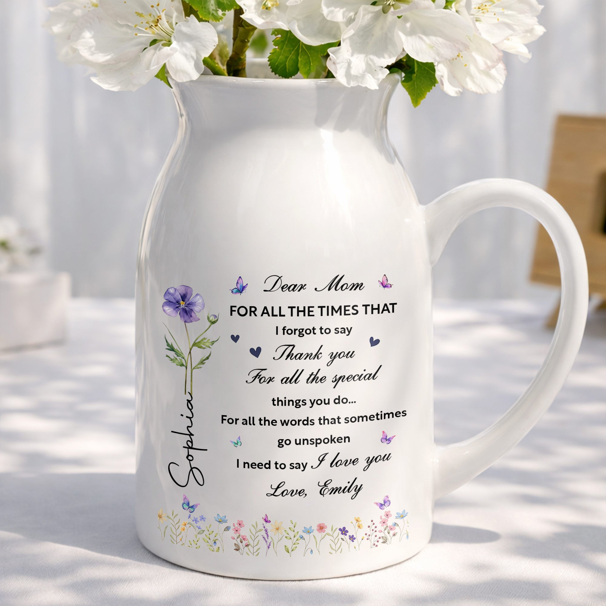 Dear Mom For All The Times Birth Month Flower And Butterflies - Personalized Ceramic Flower Vase