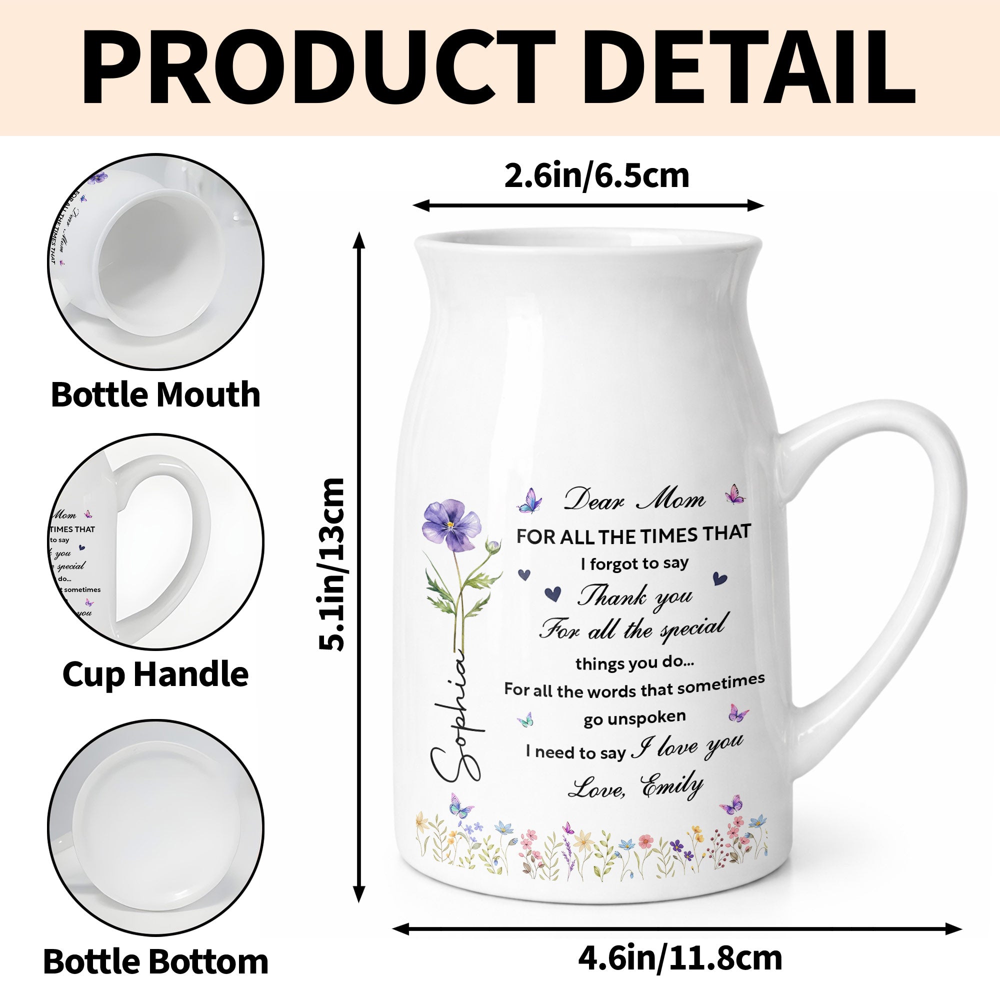 Dear Mom For All The Times Birth Month Flower And Butterflies - Personalized Ceramic Flower Vase