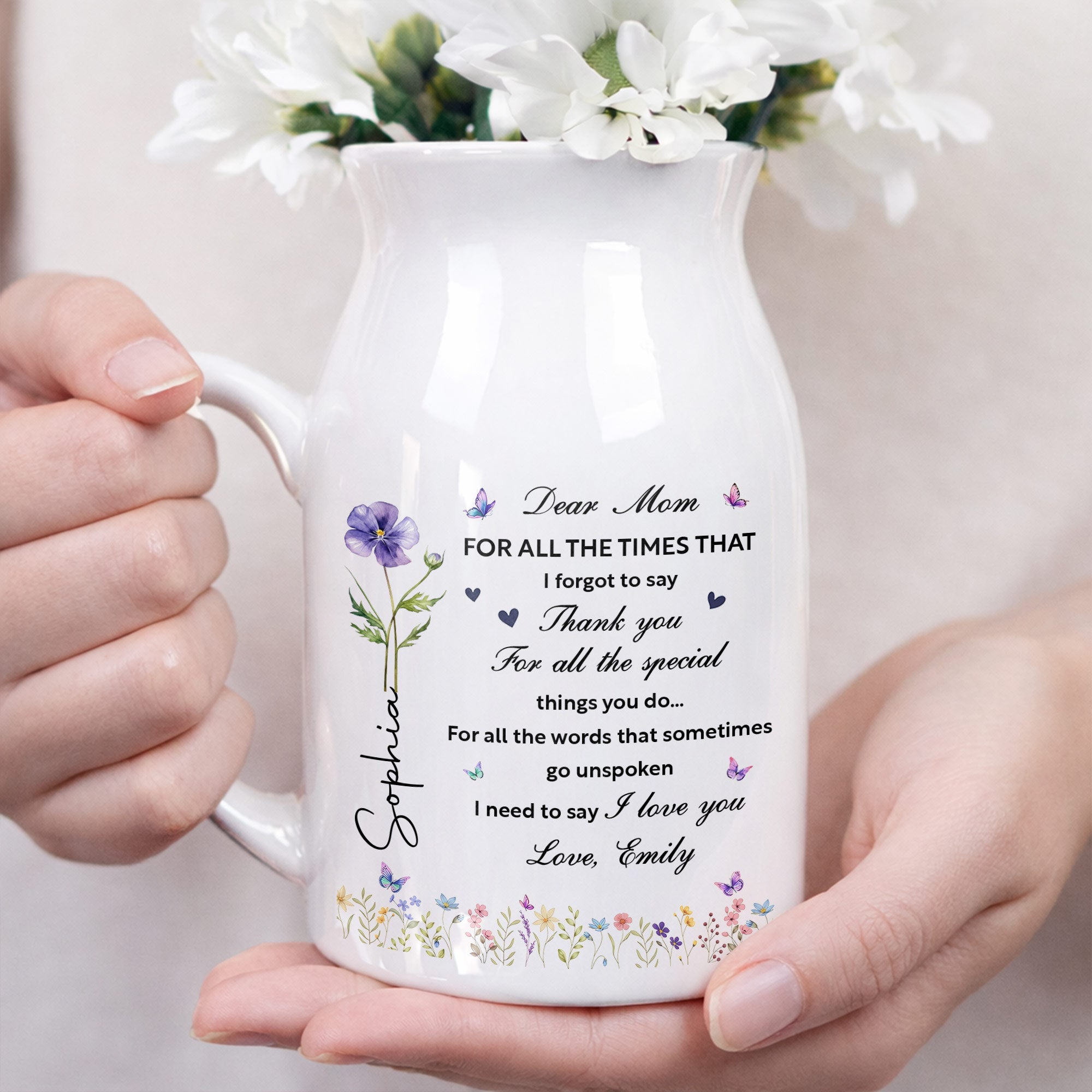 Dear Mom For All The Times Birth Month Flower And Butterflies - Personalized Ceramic Flower Vase