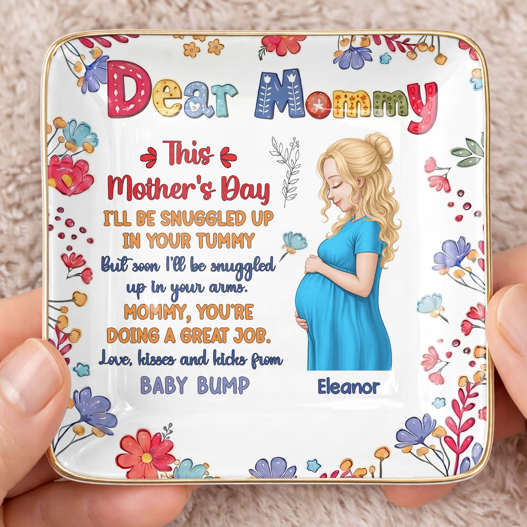 Dear Mommy This Mother's Day Expecting Mother And Floral Art - Personalized Custom Jewelry Dish, Ceramic Dish, Square Shape - MOM372_SCRF