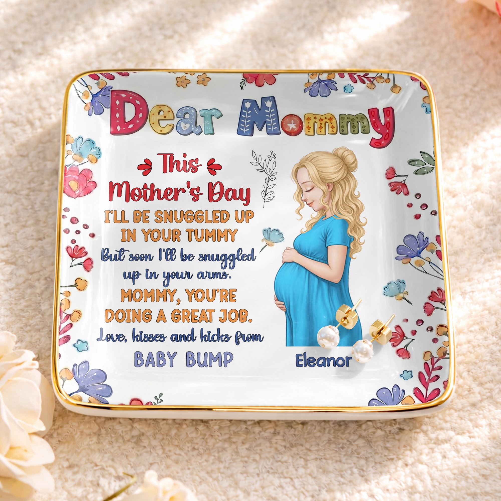 Dear Mommy This Mother's Day Expecting Mother And Floral Art - Personalized Custom Jewelry Dish, Ceramic Dish, Square Shape - MOM372_SCRF