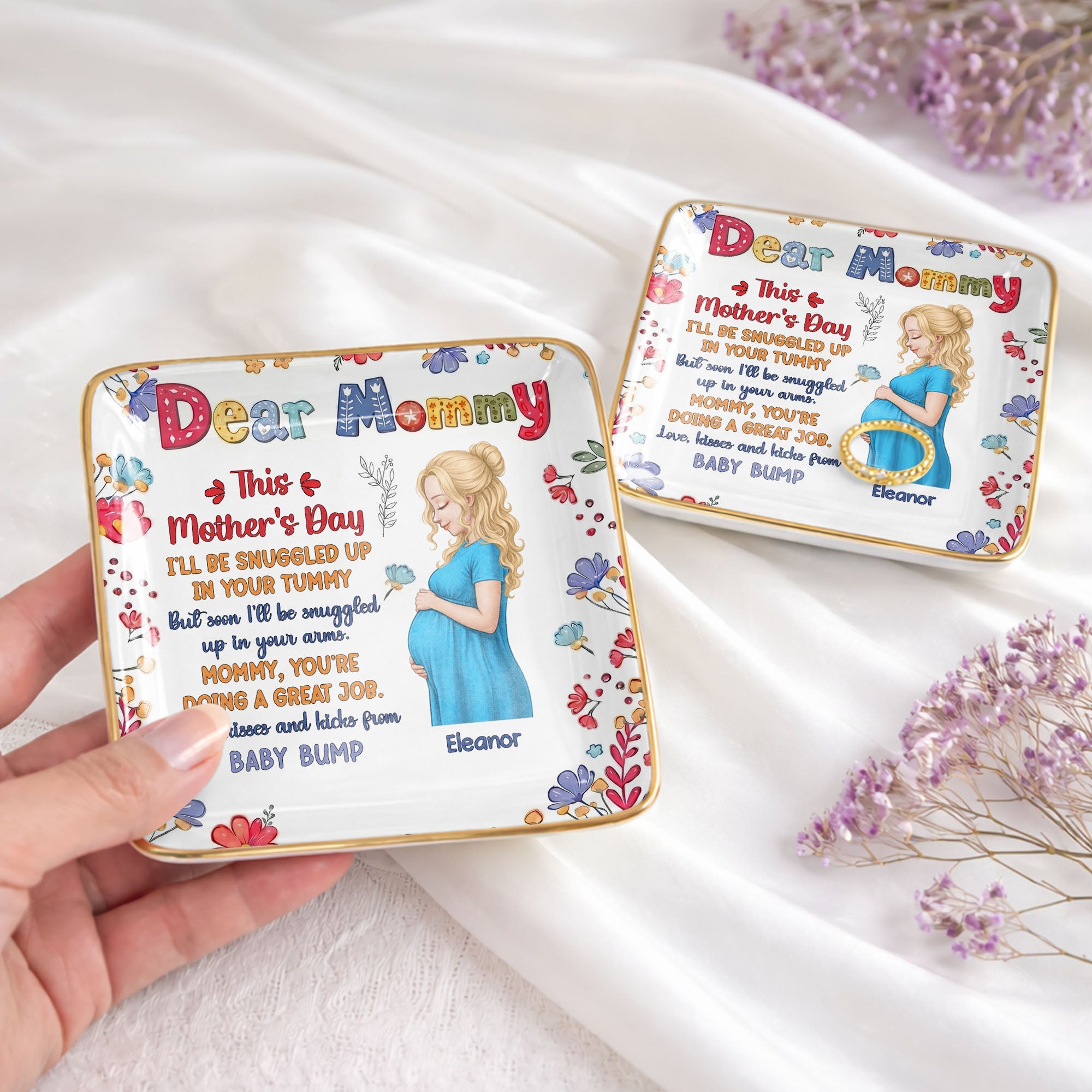 Dear Mommy This Mother's Day Expecting Mother And Floral Art - Personalized Custom Jewelry Dish, Ceramic Dish, Square Shape - MOM372_SCRF