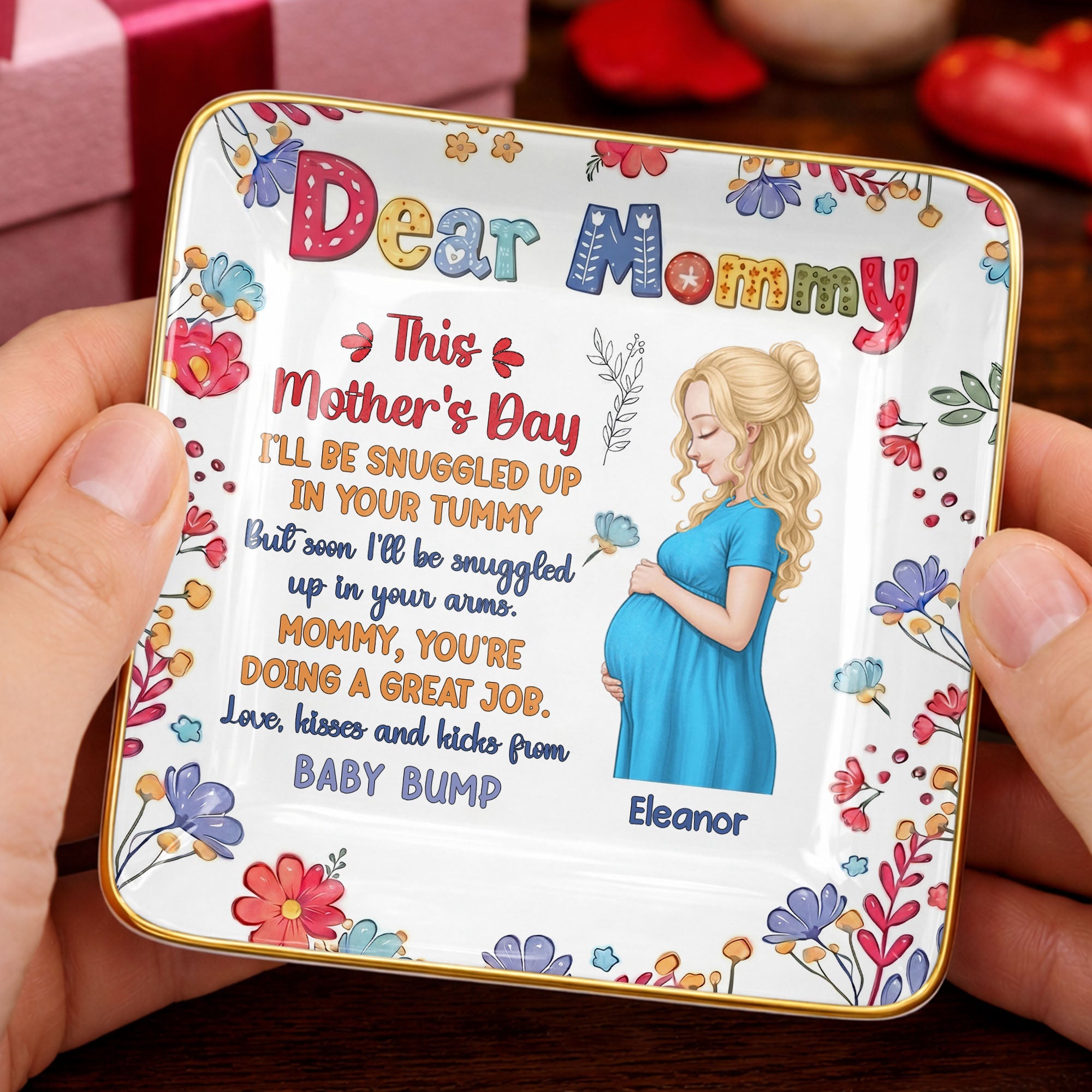 Dear Mommy This Mother's Day Expecting Mother And Floral Art - Personalized Custom Jewelry Dish, Ceramic Dish, Square Shape - MOM372_SCRF