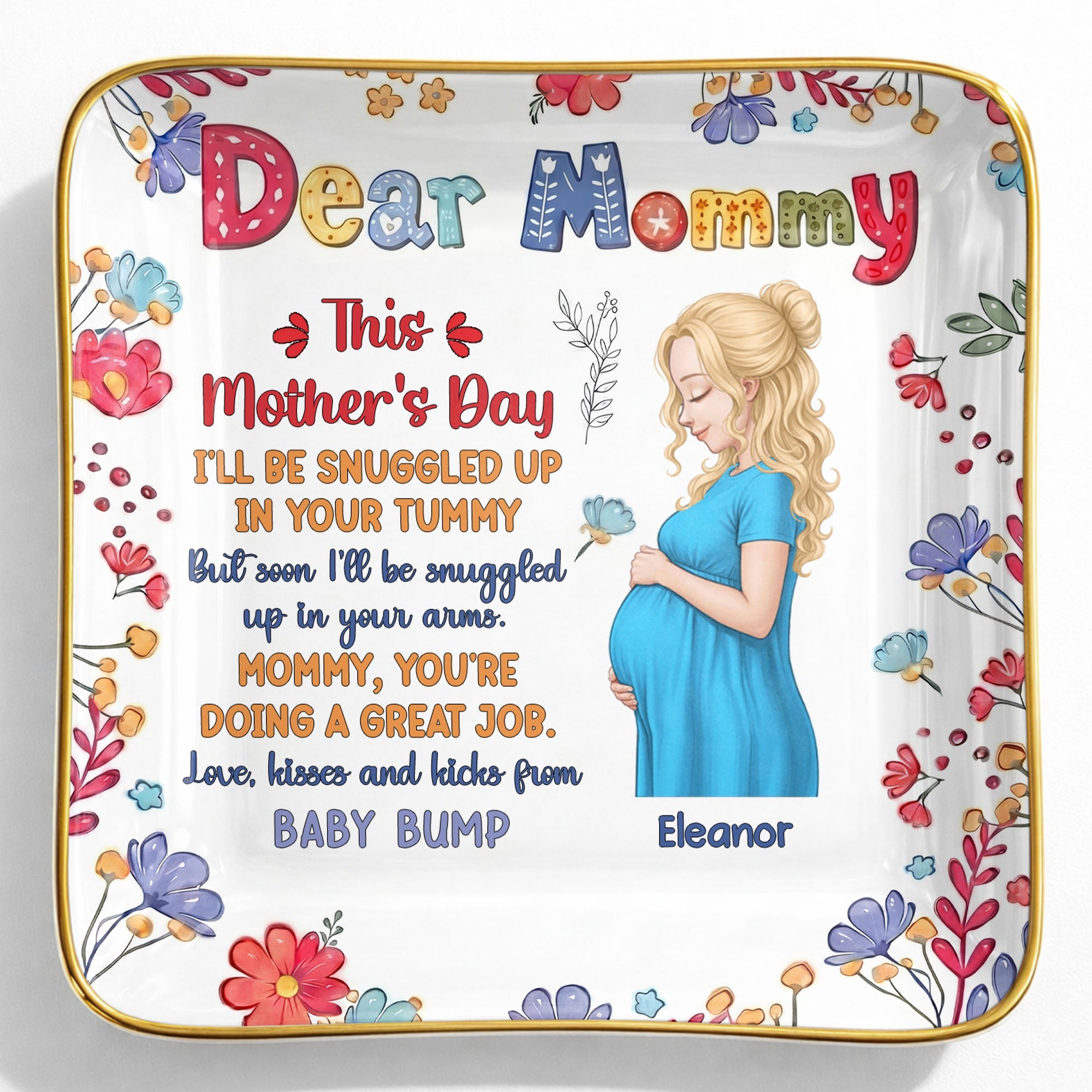 Dear Mommy This Mother's Day Expecting Mother And Floral Art - Personalized Custom Jewelry Dish, Ceramic Dish, Square Shape - MOM372_SCRF
