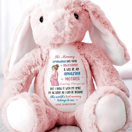 Hi Mommy Grandma Says You Are Awesome Pregnant Woman And Butterflies - Personalized Stuffed Bunny - MOM373_BUN