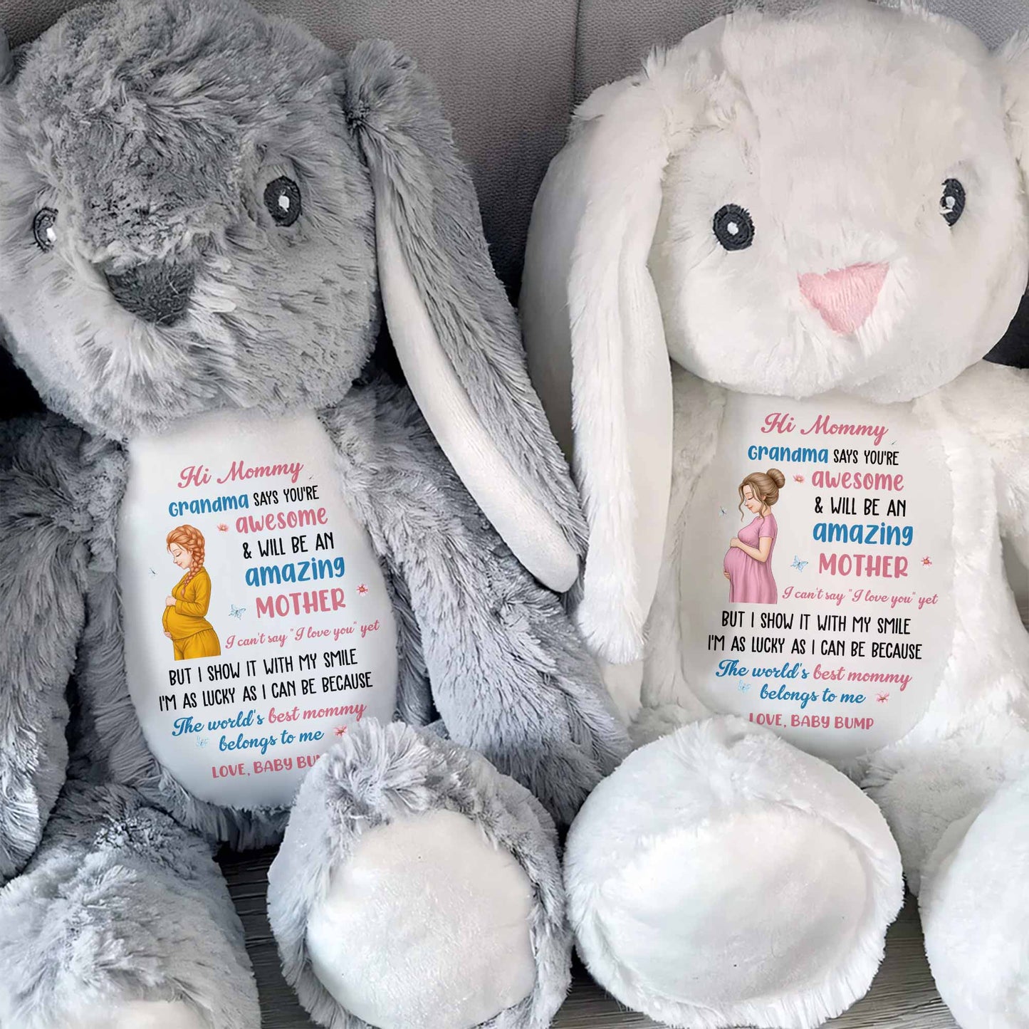 Hi Mommy Grandma Says You Are Awesome Pregnant Woman And Butterflies - Personalized Stuffed Bunny - MOM373_BUN