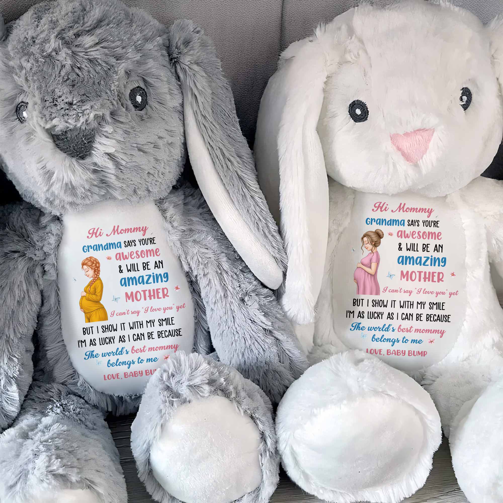 Hi Mommy Grandma Says You Are Awesome Pregnant Woman And Butterflies - Personalized Stuffed Bunny - MOM373_BUN