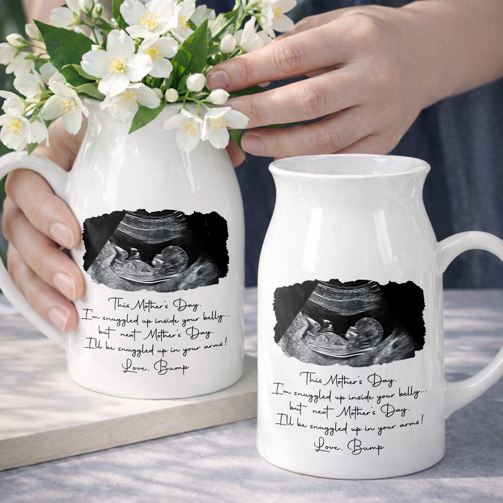 This Mother's Day I'm Snuggled Up Ultrasound Photo Sonogram - Personalized Ceramic Flower Vase
