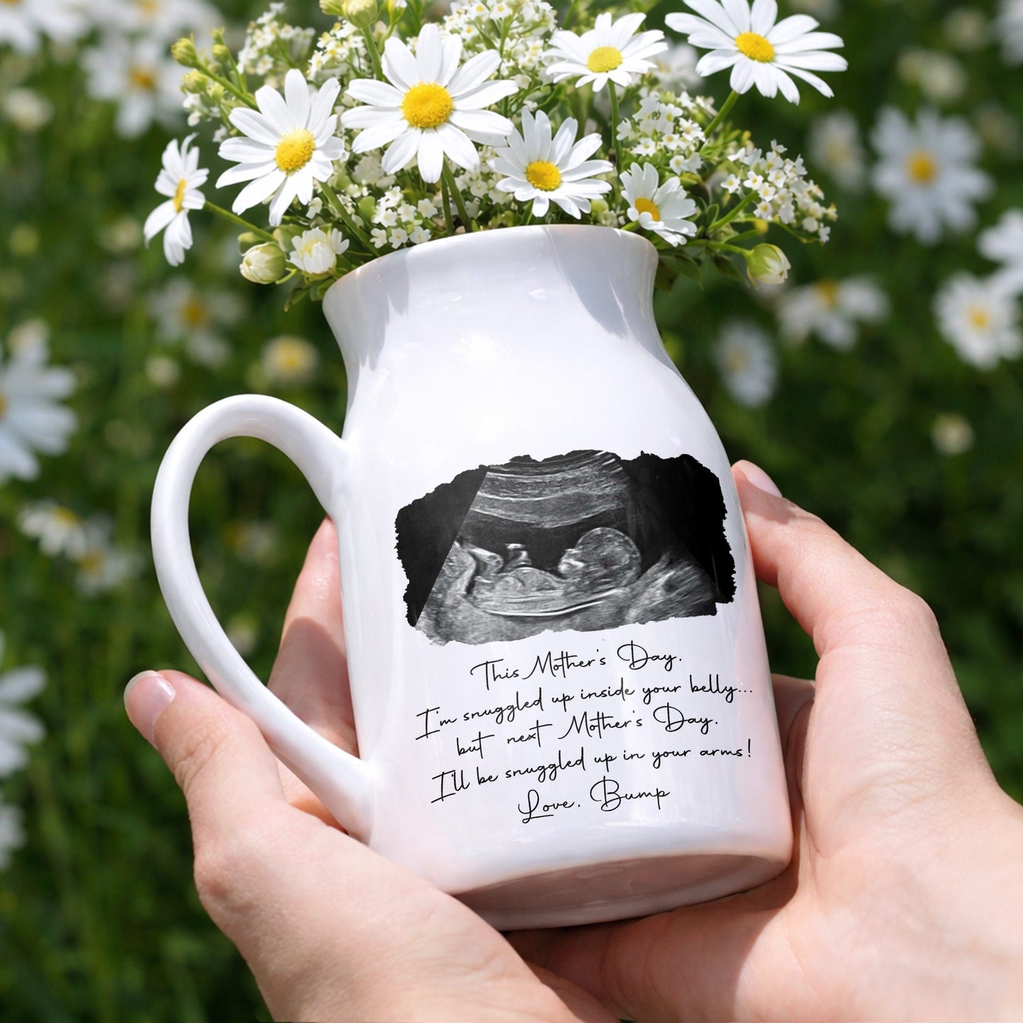 This Mother's Day I'm Snuggled Up Ultrasound Photo Sonogram - Personalized Ceramic Flower Vase