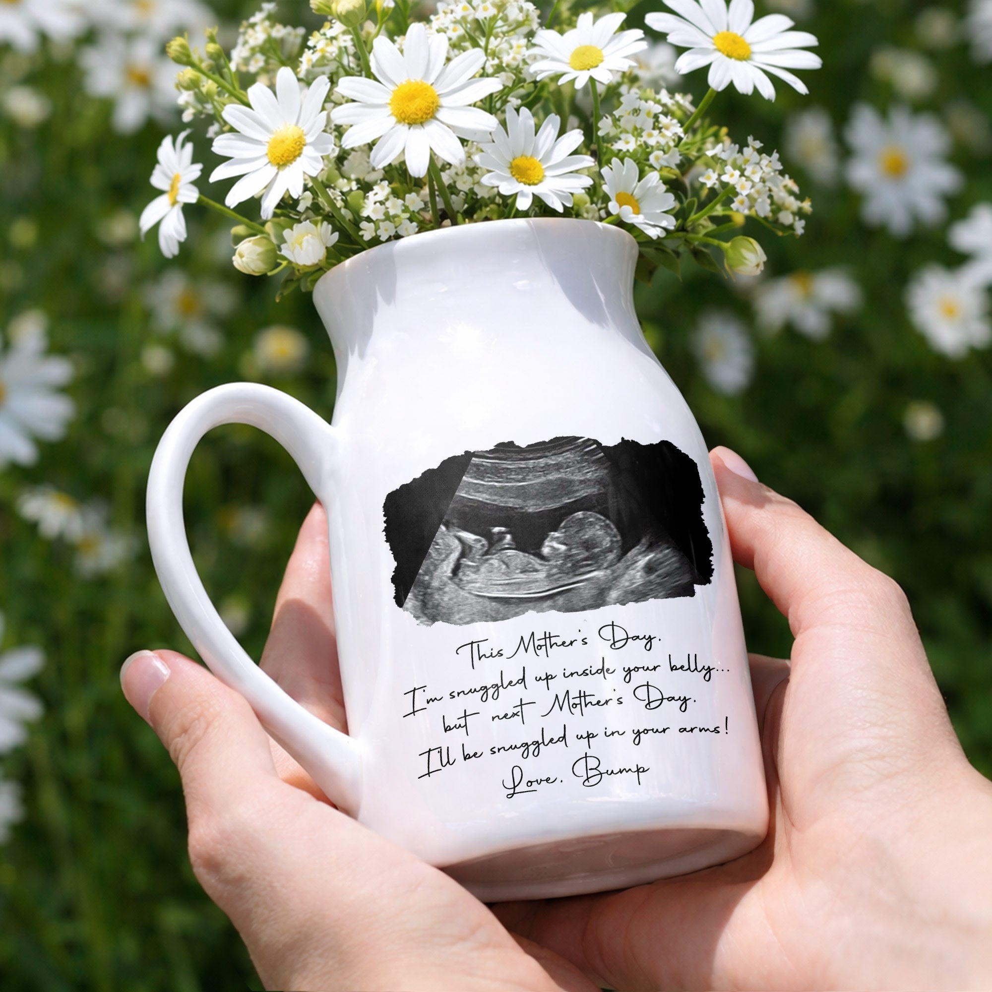 This Mother's Day I'm Snuggled Up Ultrasound Photo Sonogram - Personalized Ceramic Flower Vase
