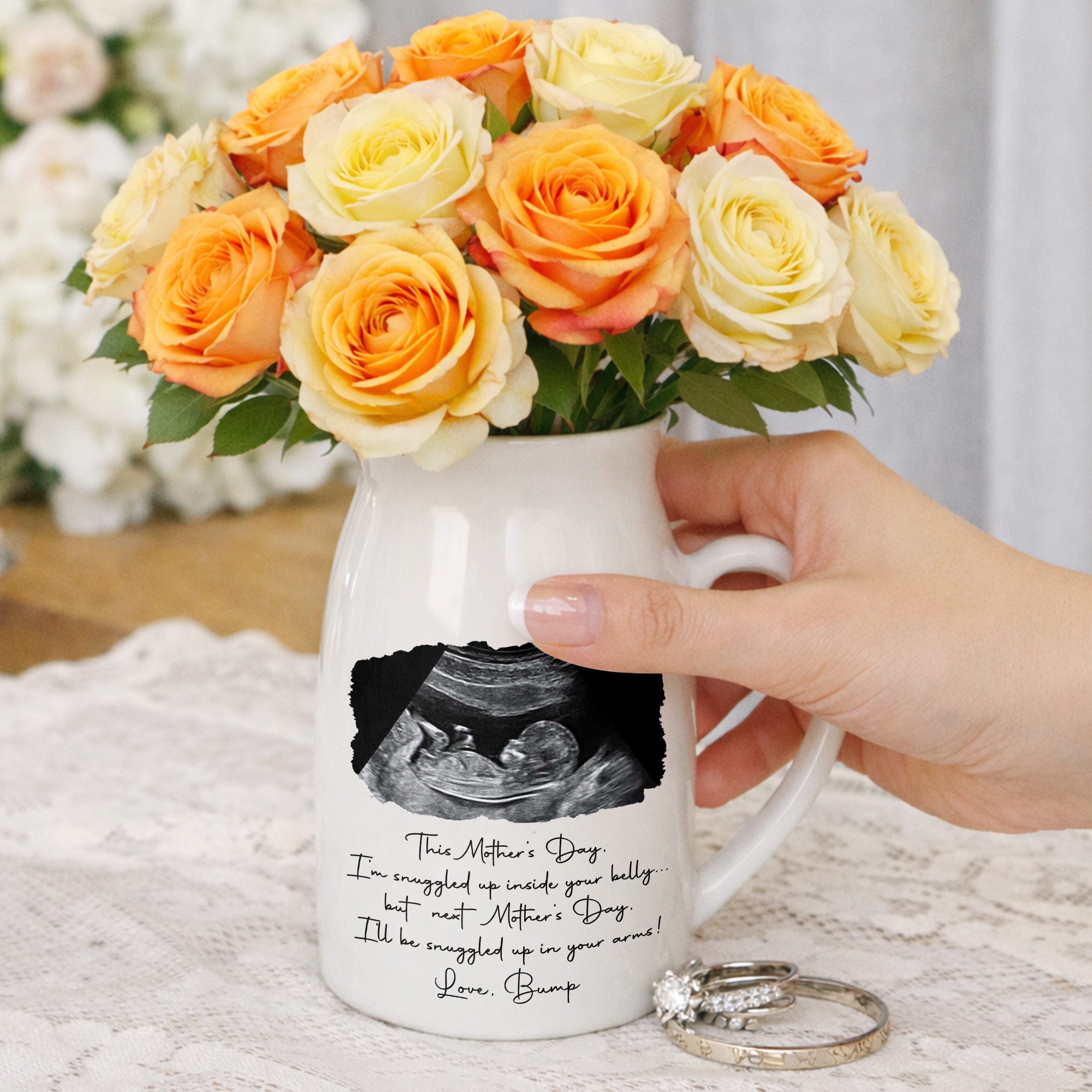 This Mother's Day I'm Snuggled Up Ultrasound Photo Sonogram - Personalized Ceramic Flower Vase