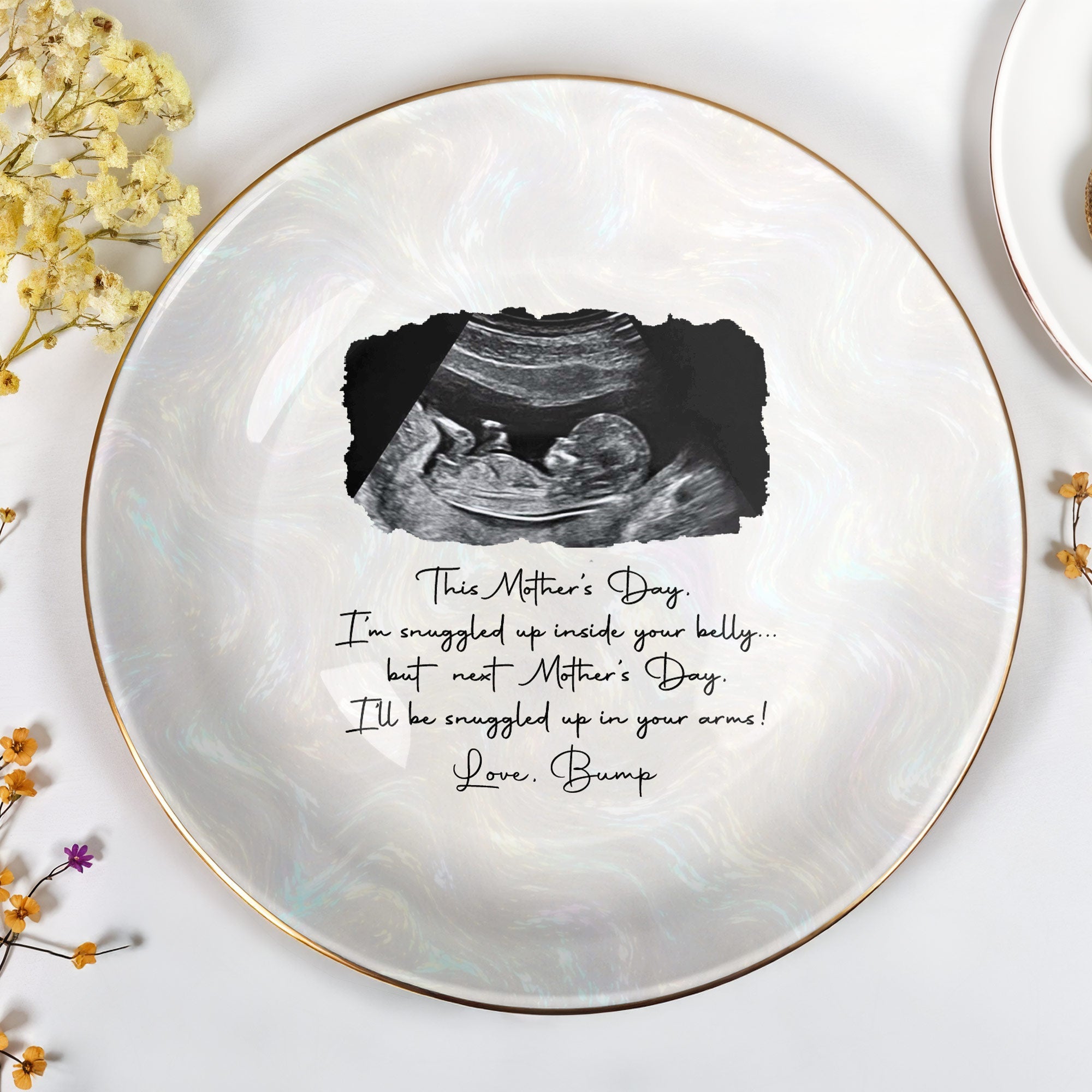 This Mother's Day I'm Snuggled Up Ultrasound Sonogram Photo - Personalized Custom Jewelry Dish, Ceramic Dish, Round Shape - MOM375_RCRF