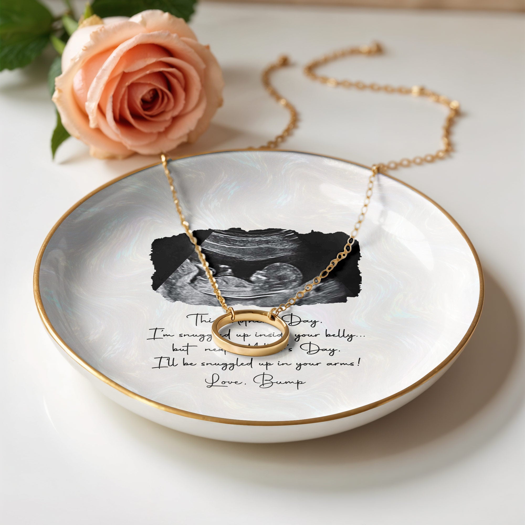 This Mother's Day I'm Snuggled Up Ultrasound Sonogram Photo - Personalized Custom Jewelry Dish, Ceramic Dish, Round Shape - MOM375_RCRF
