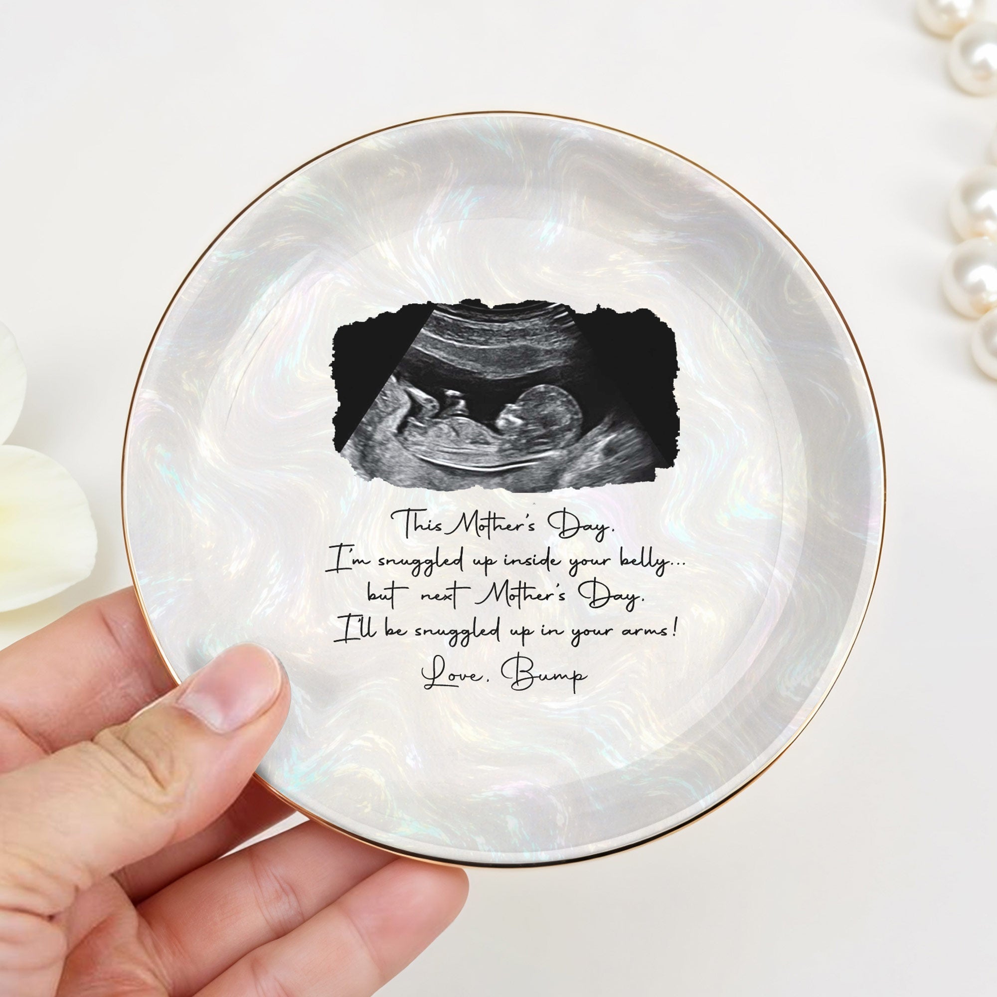This Mother's Day I'm Snuggled Up Ultrasound Sonogram Photo - Personalized Custom Jewelry Dish, Ceramic Dish, Round Shape - MOM375_RCRF