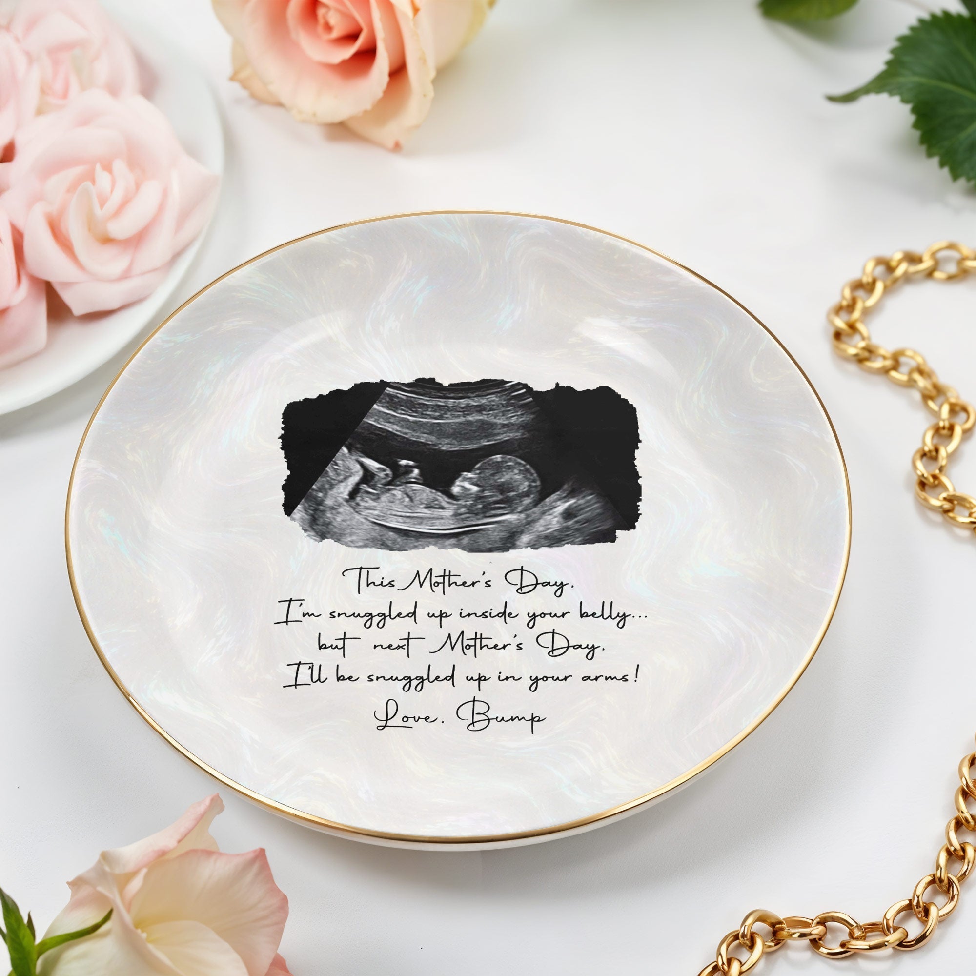 This Mother's Day I'm Snuggled Up Ultrasound Sonogram Photo - Personalized Custom Jewelry Dish, Ceramic Dish, Round Shape - MOM375_RCRF