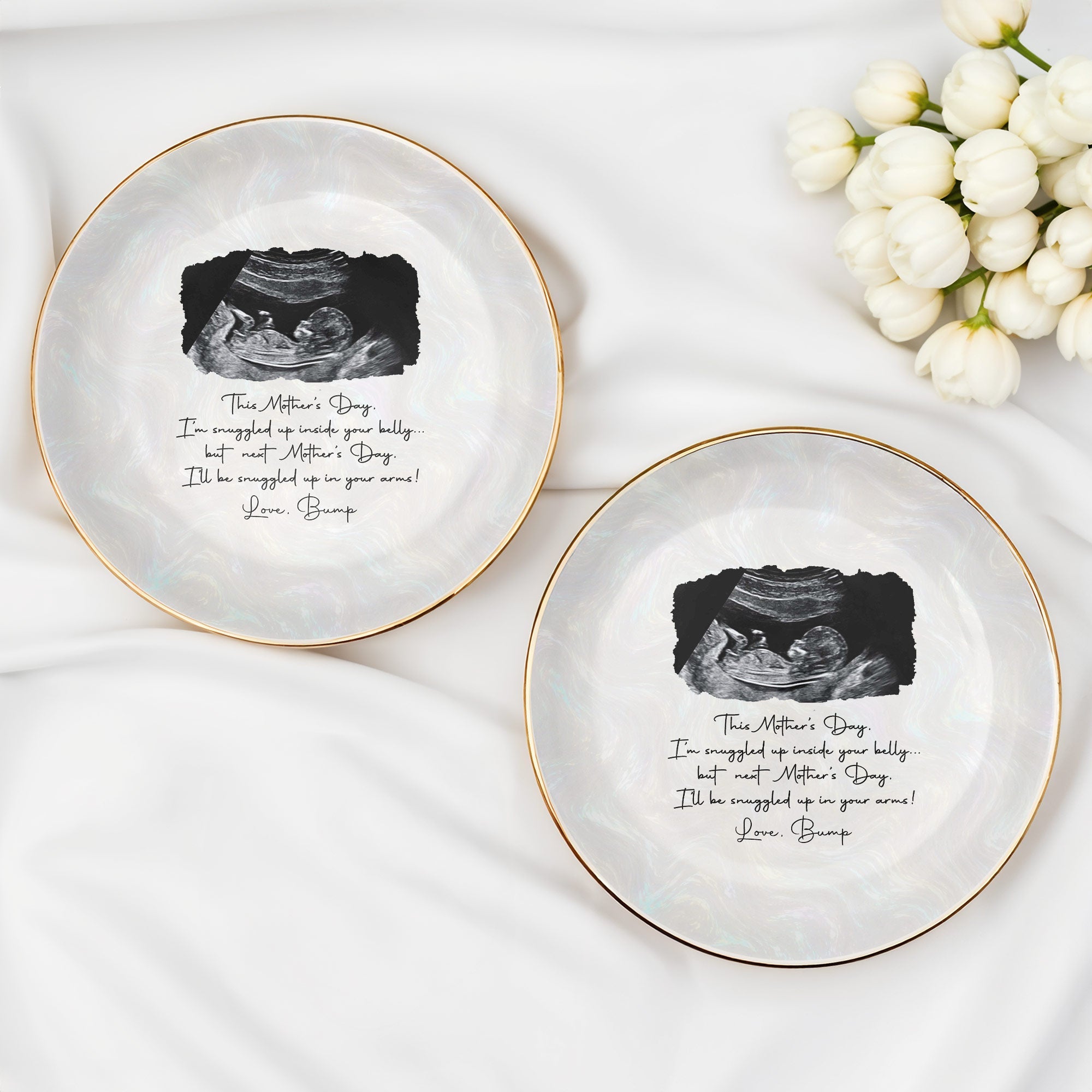 This Mother's Day I'm Snuggled Up Ultrasound Sonogram Photo - Personalized Custom Jewelry Dish, Ceramic Dish, Round Shape - MOM375_RCRF