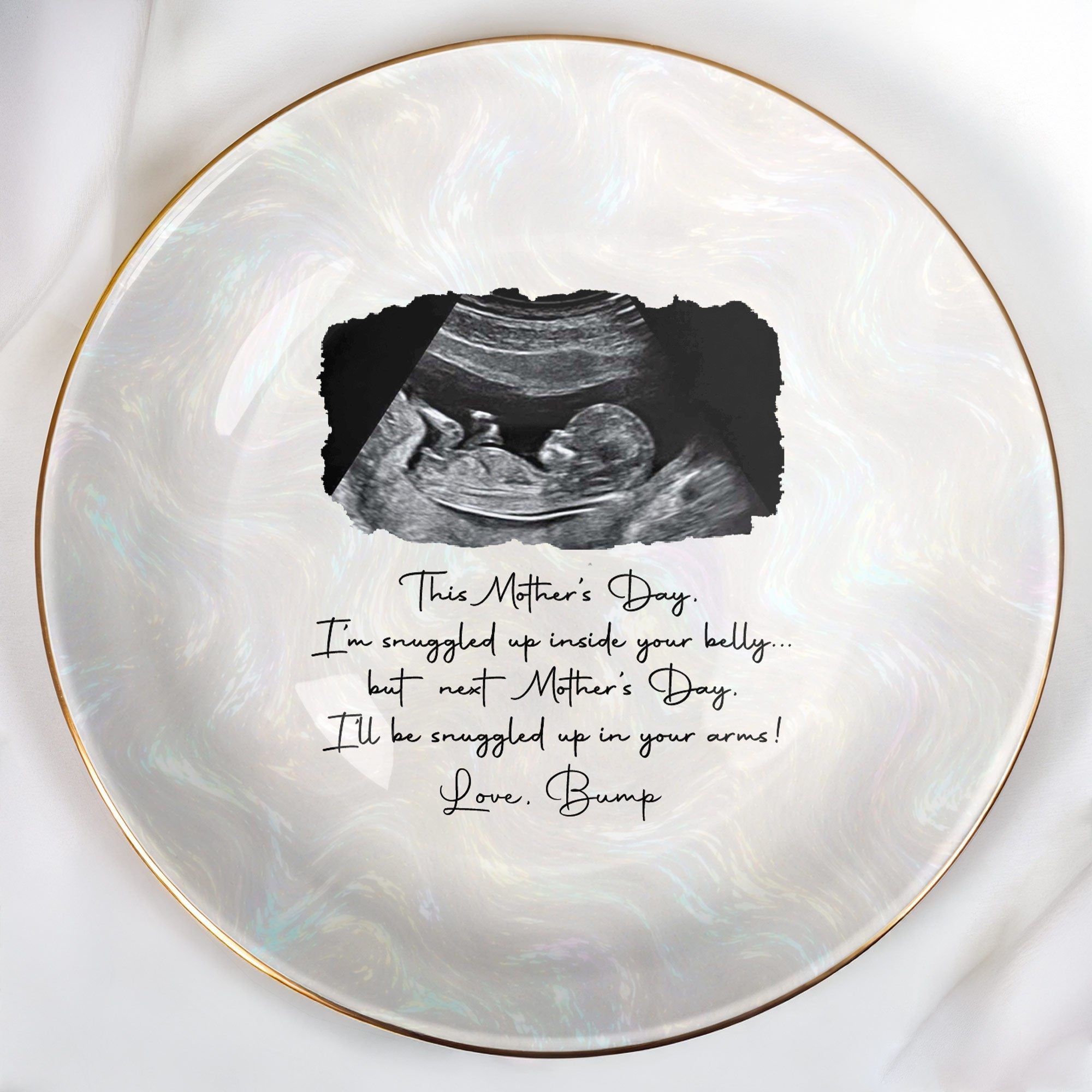 This Mother's Day I'm Snuggled Up Ultrasound Sonogram Photo - Personalized Custom Jewelry Dish, Ceramic Dish, Round Shape - MOM375_RCRF