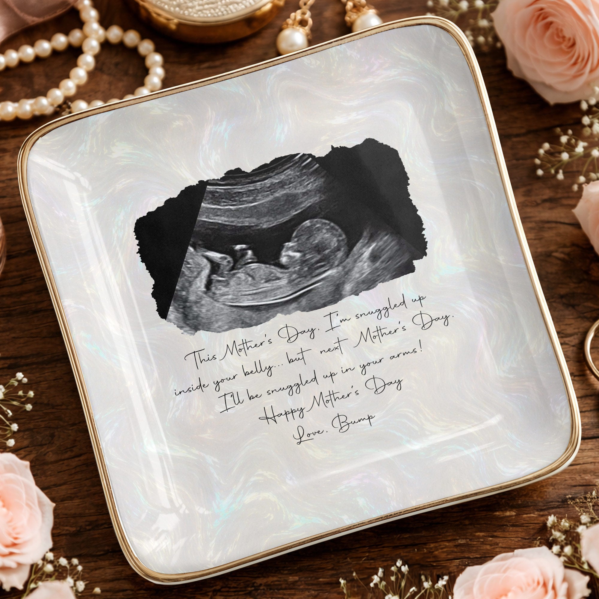 This Mother's Day Snuggled Up Sonogram Personalized Photo Design - Personalized Custom Jewelry Dish, Ceramic Dish, Square Shape - MOM375_SCRF