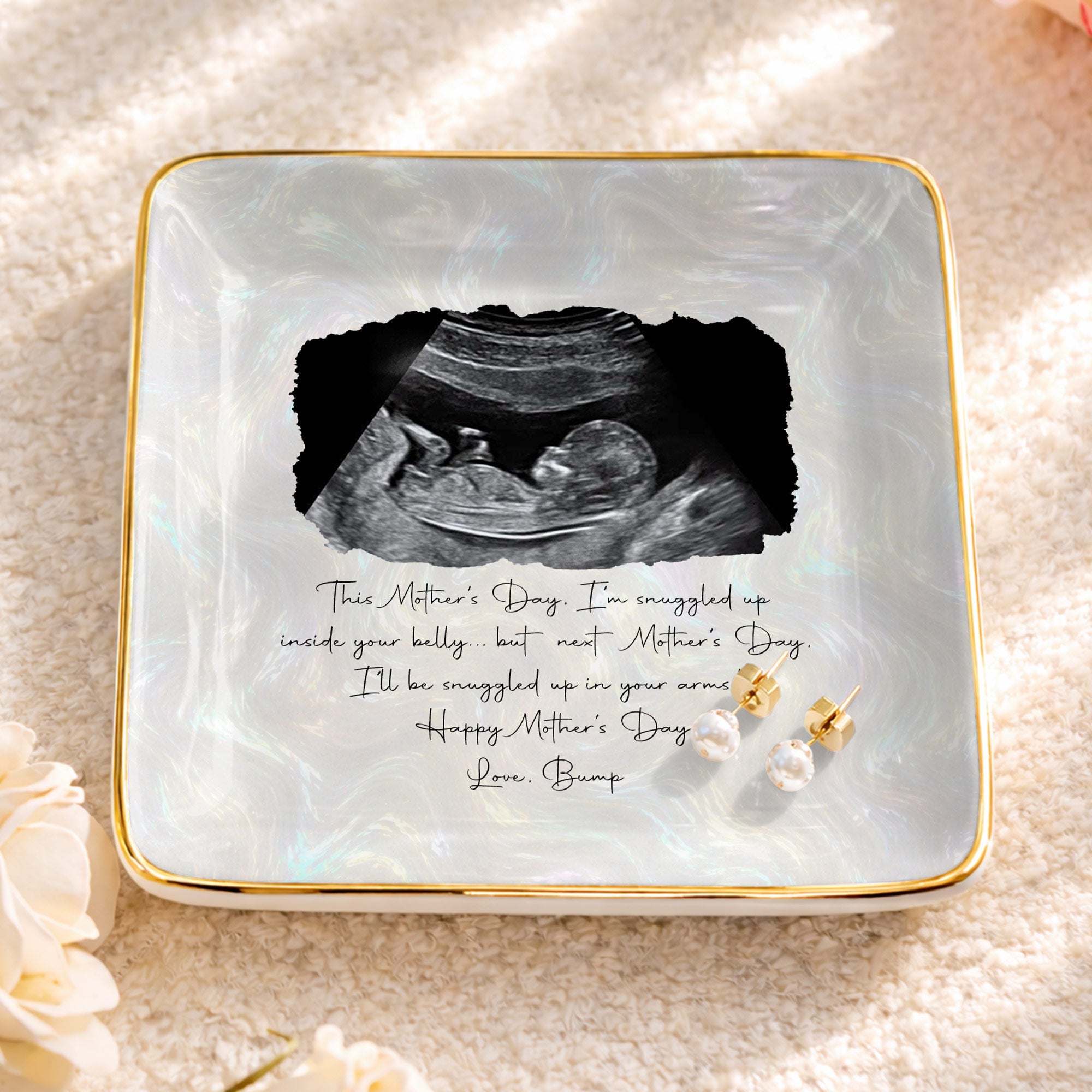 This Mother's Day Snuggled Up Sonogram Personalized Photo Design - Personalized Custom Jewelry Dish, Ceramic Dish, Square Shape - MOM375_SCRF