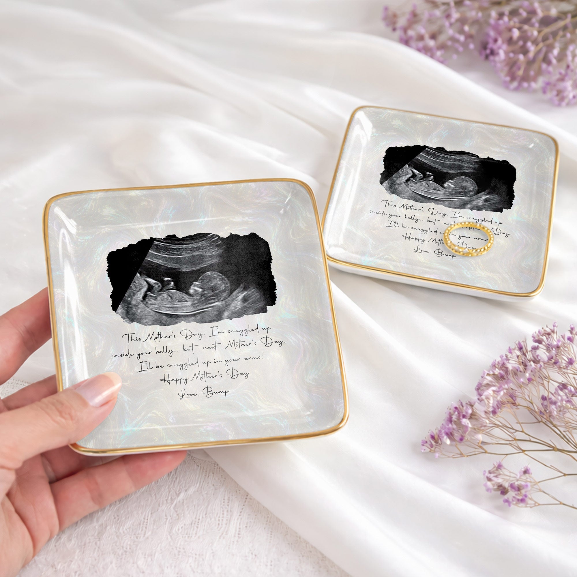 This Mother's Day Snuggled Up Sonogram Personalized Photo Design - Personalized Custom Jewelry Dish, Ceramic Dish, Square Shape - MOM375_SCRF