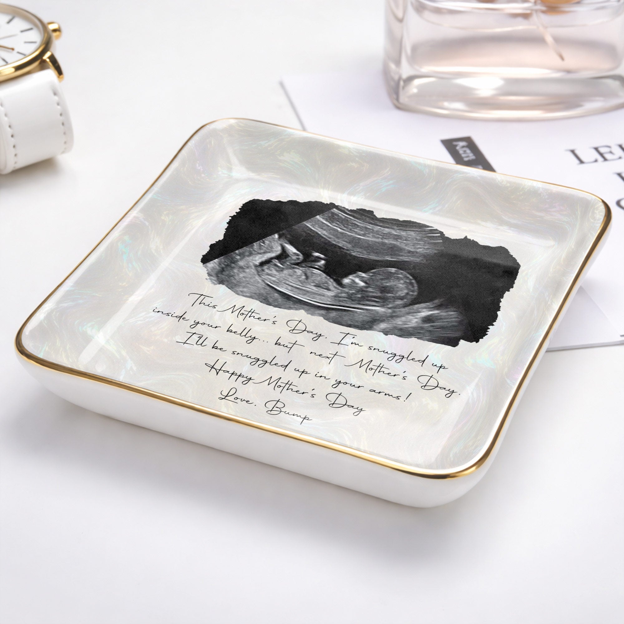 This Mother's Day Snuggled Up Sonogram Personalized Photo Design - Personalized Custom Jewelry Dish, Ceramic Dish, Square Shape - MOM375_SCRF