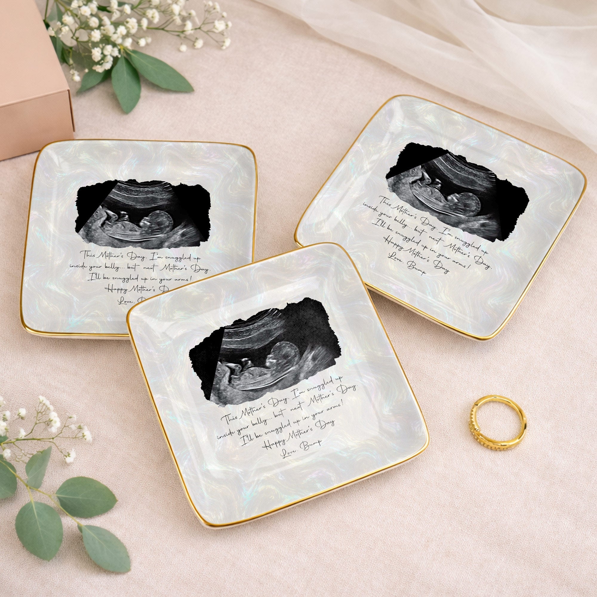 This Mother's Day Snuggled Up Sonogram Personalized Photo Design - Personalized Custom Jewelry Dish, Ceramic Dish, Square Shape - MOM375_SCRF