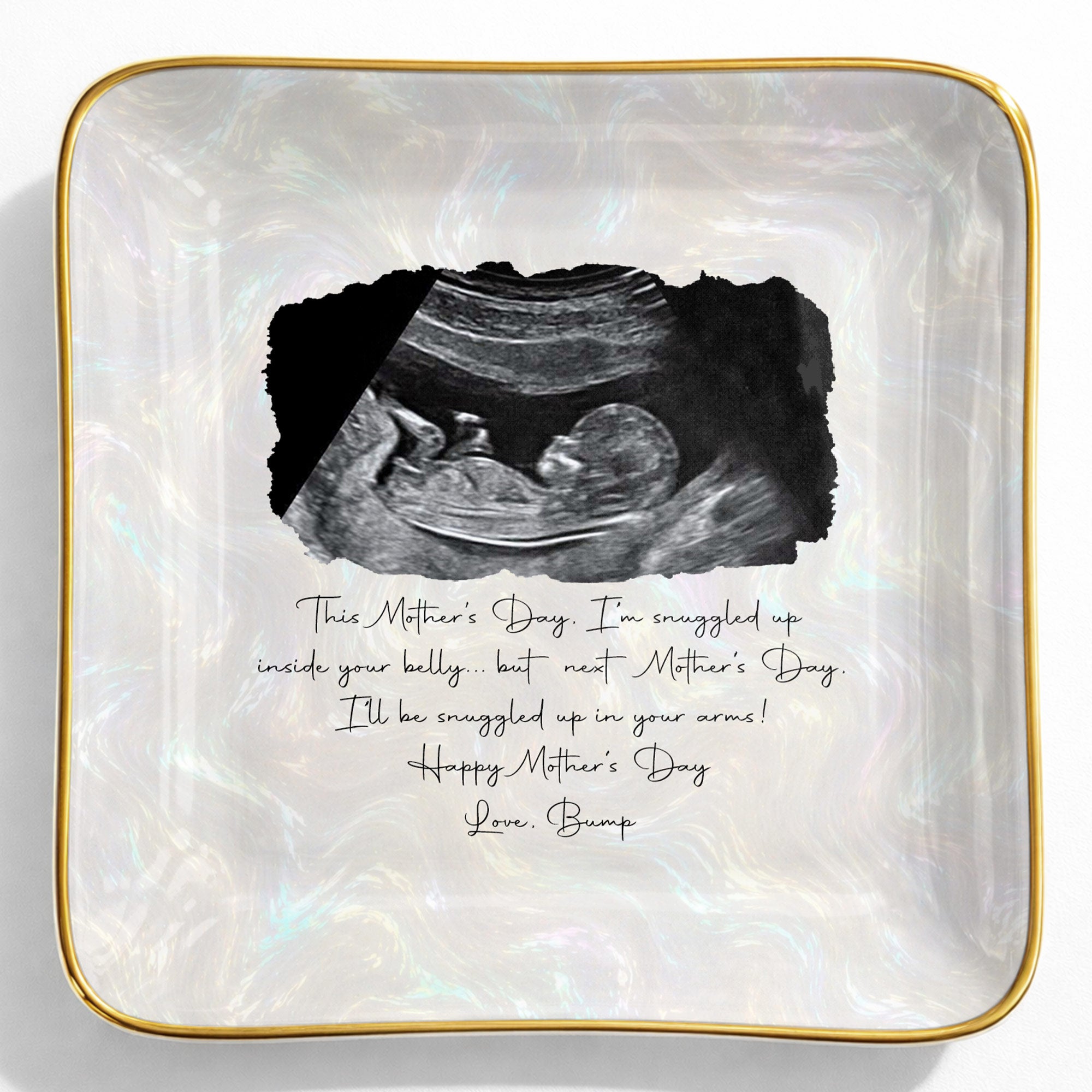 This Mother's Day Snuggled Up Sonogram Personalized Photo Design - Personalized Custom Jewelry Dish, Ceramic Dish, Square Shape - MOM375_SCRF
