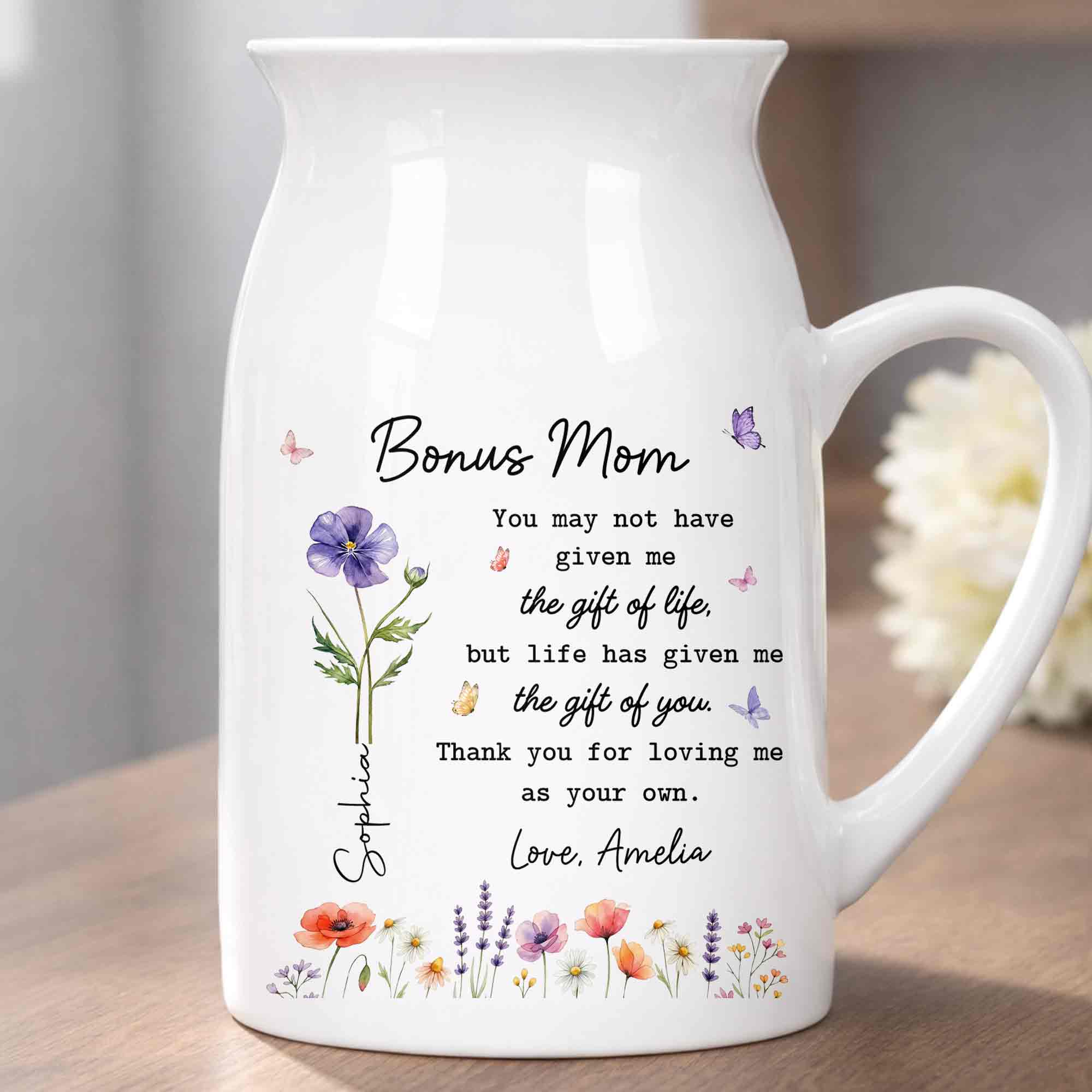 Bonus Mom The Gift Of You Personalized Birth Month Flowers - Personalized Ceramic Flower Vase