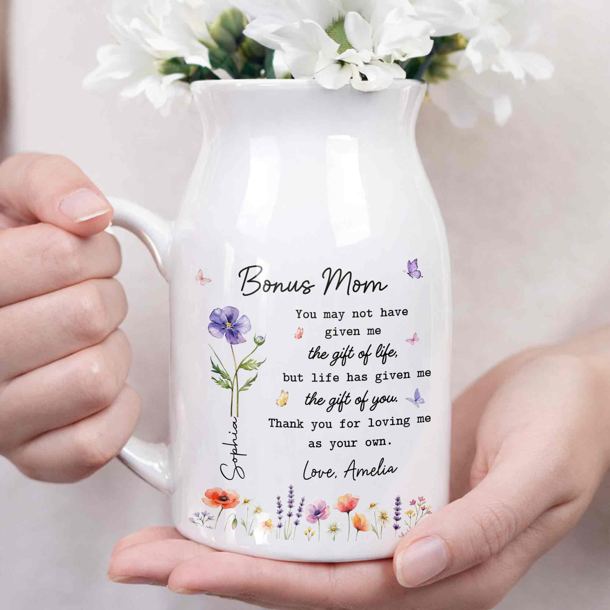 Bonus Mom The Gift Of You Personalized Birth Month Flowers - Personalized Ceramic Flower Vase