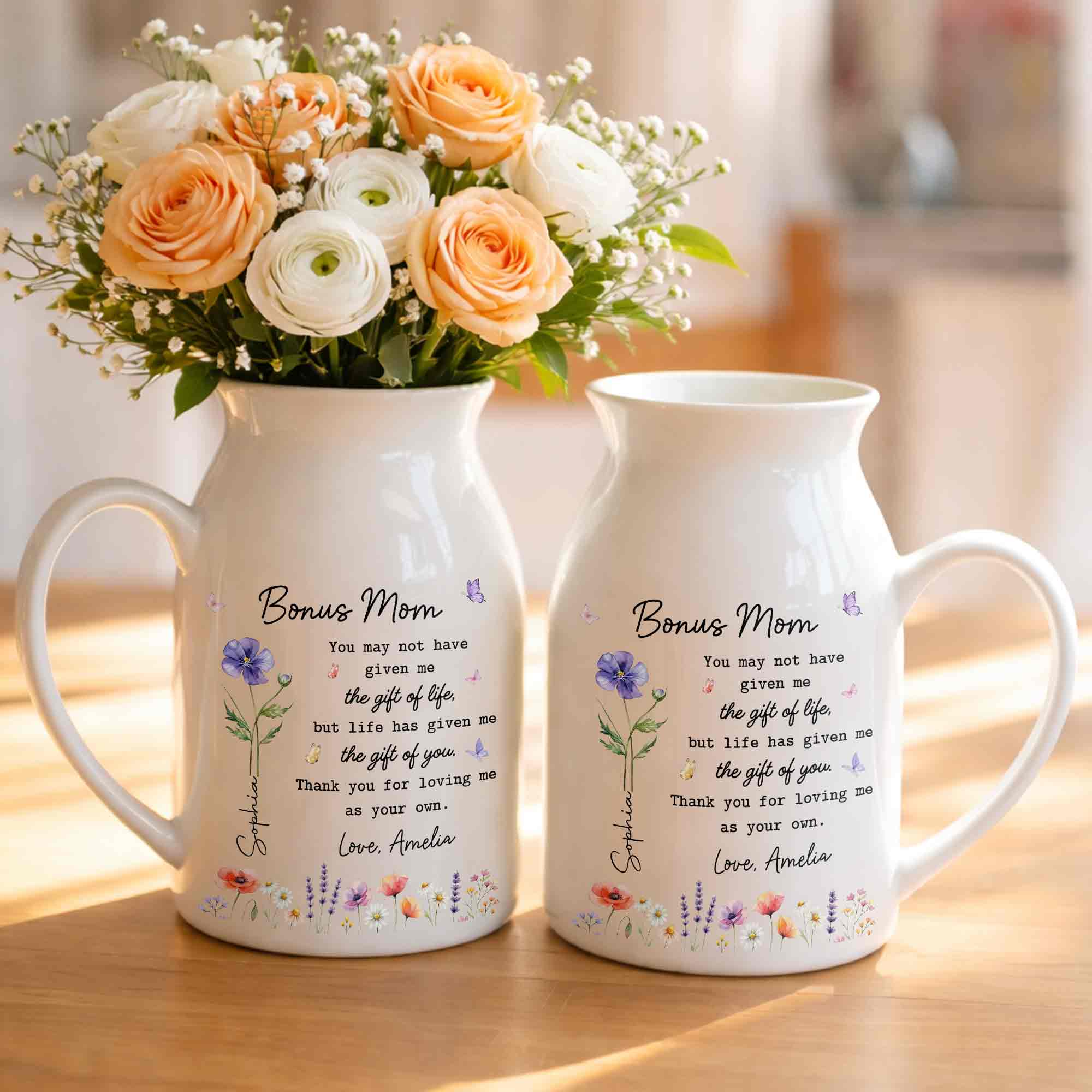 Bonus Mom The Gift Of You Personalized Birth Month Flowers - Personalized Ceramic Flower Vase