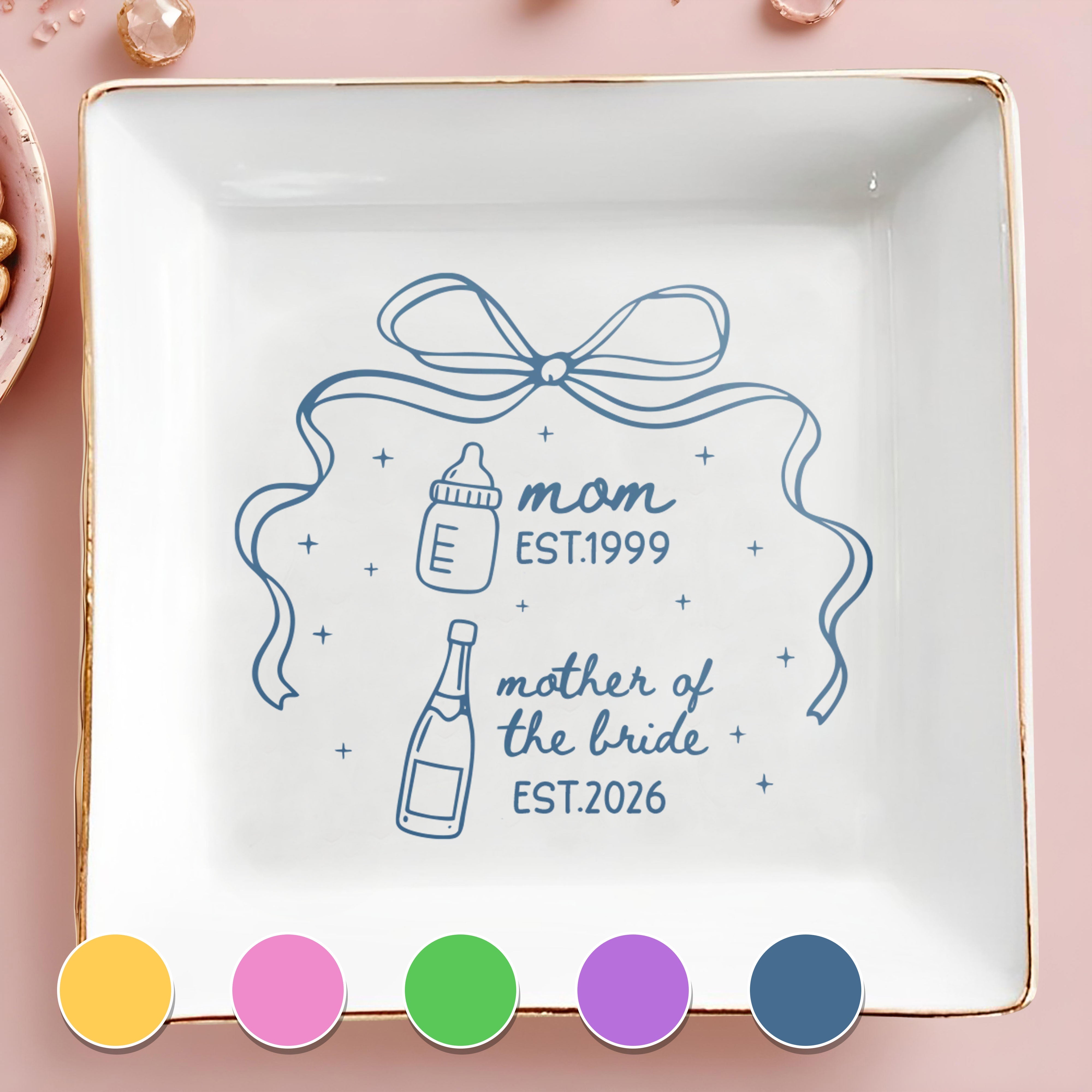 Mom Mother Of The Bride With Bow And Champagne Bottle - Personalized Custom Jewelry Dish, Square Ceramic Dish - MOM403_SCRD