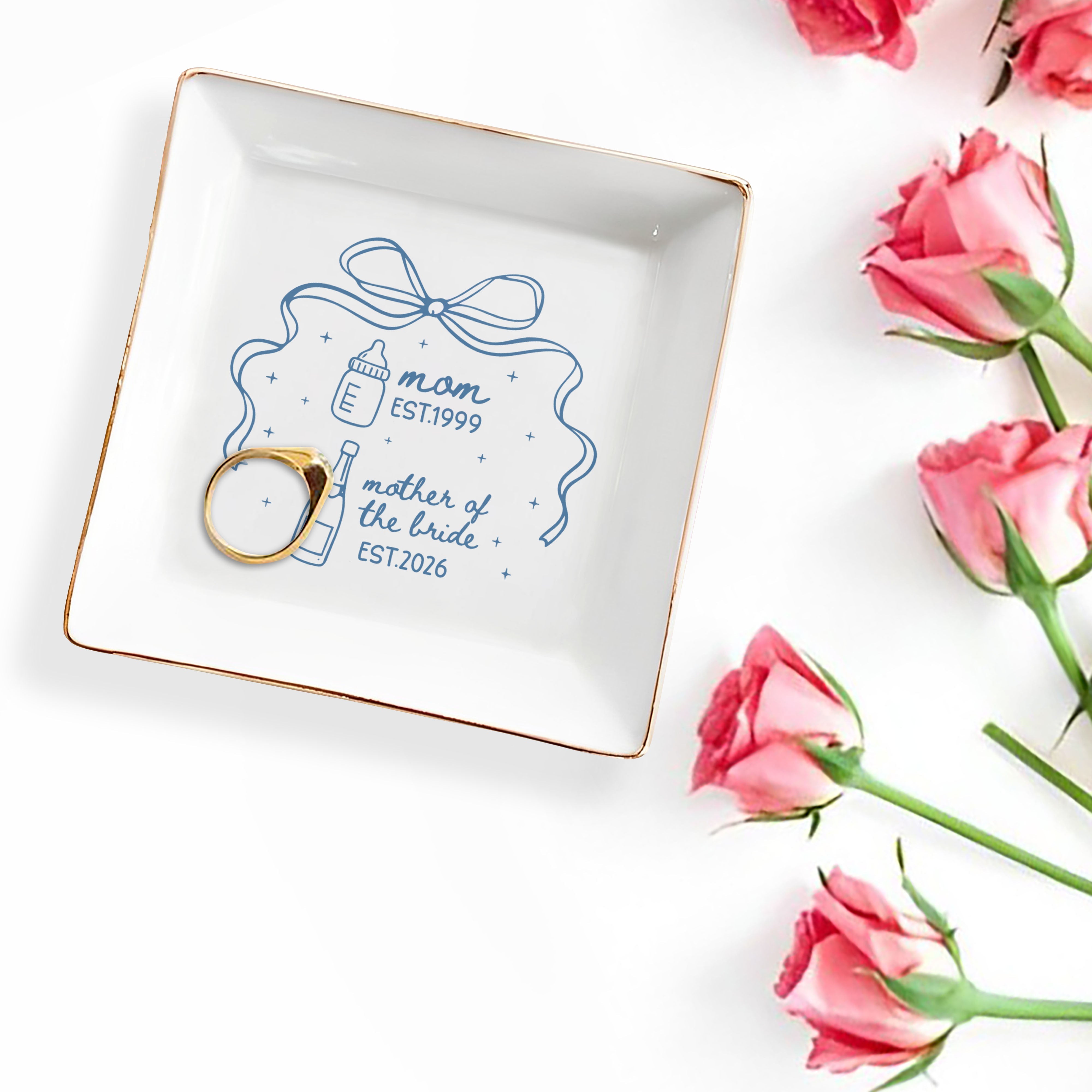 Mom Mother Of The Bride With Bow And Champagne Bottle - Personalized Custom Jewelry Dish, Square Ceramic Dish - MOM403_SCRD