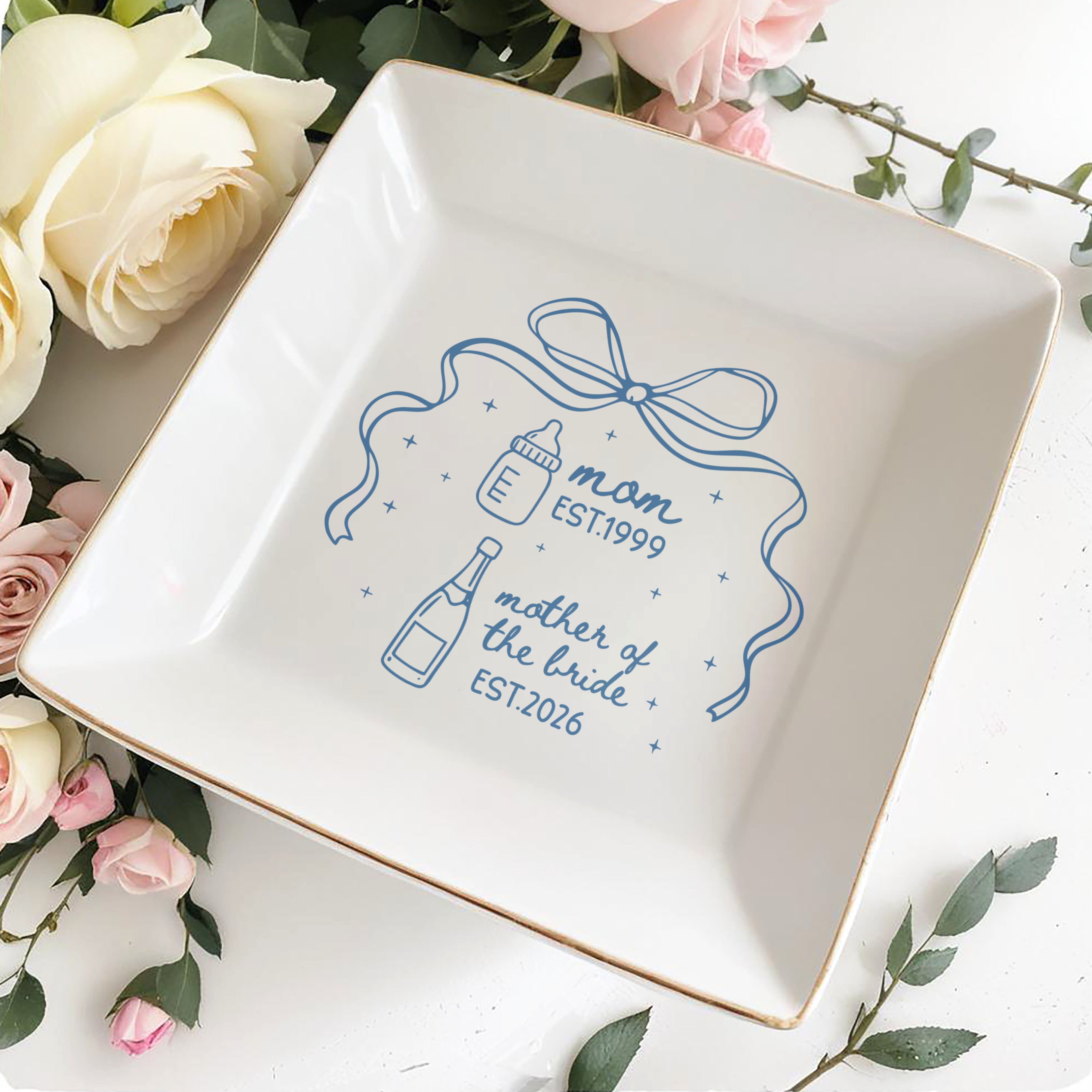 Mom Mother Of The Bride With Bow And Champagne Bottle - Personalized Custom Jewelry Dish, Square Ceramic Dish - MOM403_SCRD