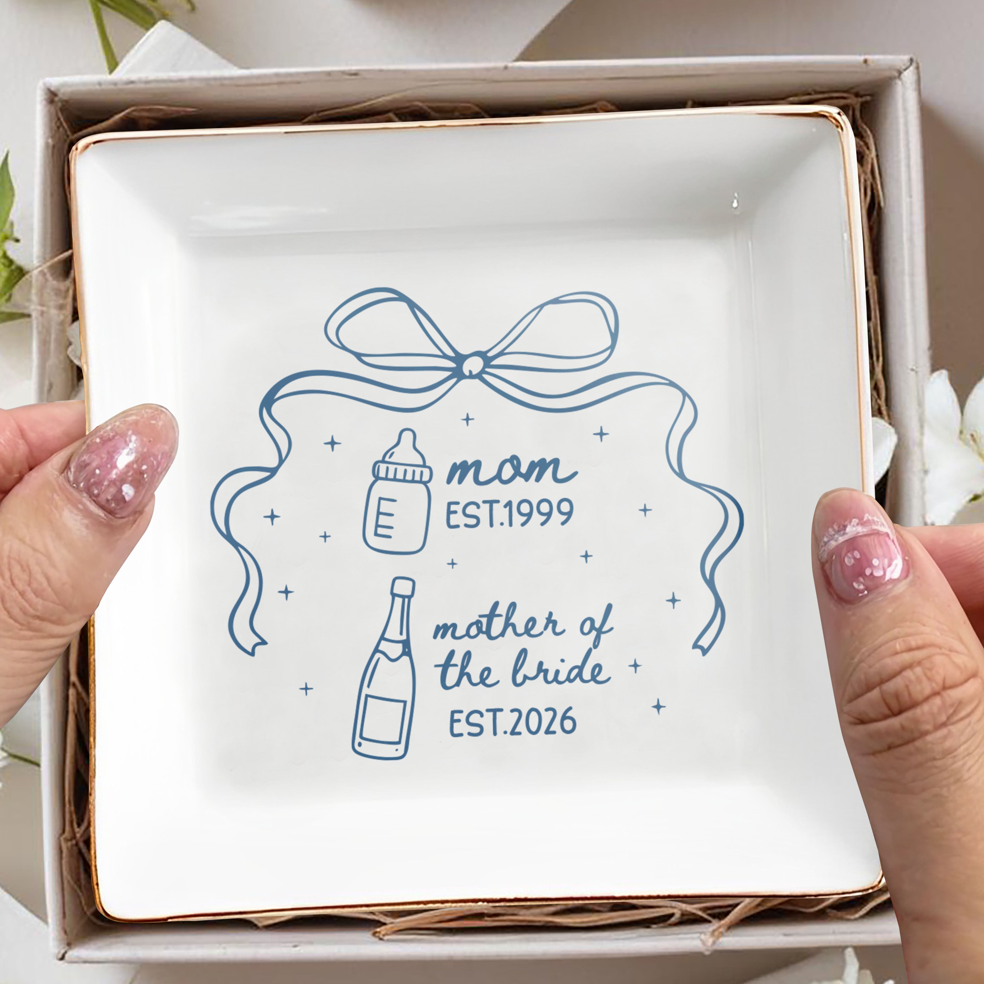 Mom Mother Of The Bride With Bow And Champagne Bottle - Personalized Custom Jewelry Dish, Square Ceramic Dish - MOM403_SCRD