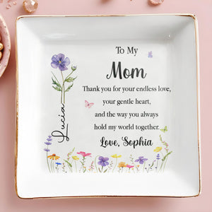 To My Mom Thank You For Your Endless Love Birth Month Flower - Personalized Custom Jewelry Dish, Square Ceramic Dish - MOM411_SCRD