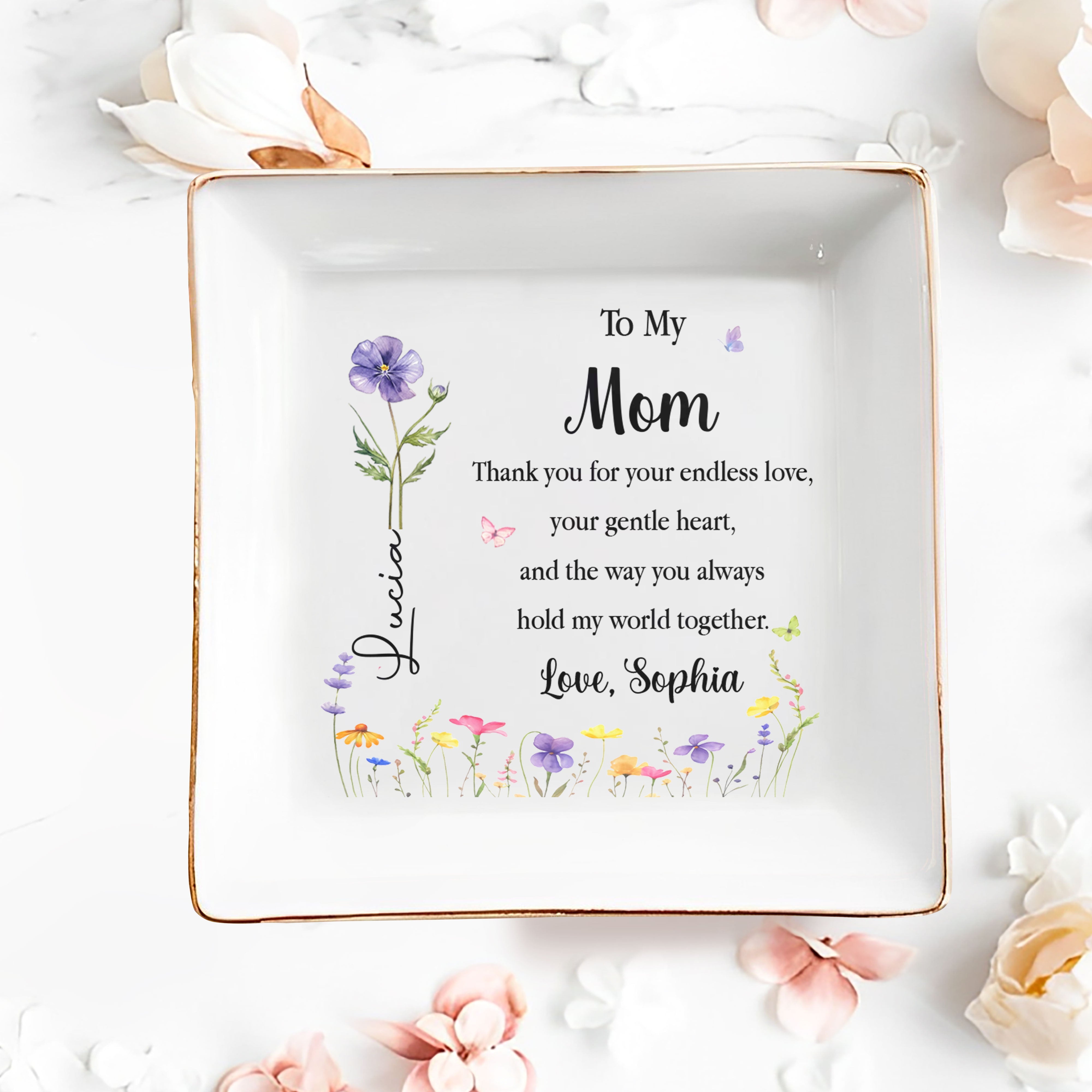 To My Mom Thank You For Your Endless Love Birth Month Flower - Personalized Custom Jewelry Dish, Square Ceramic Dish - MOM411_SCRD
