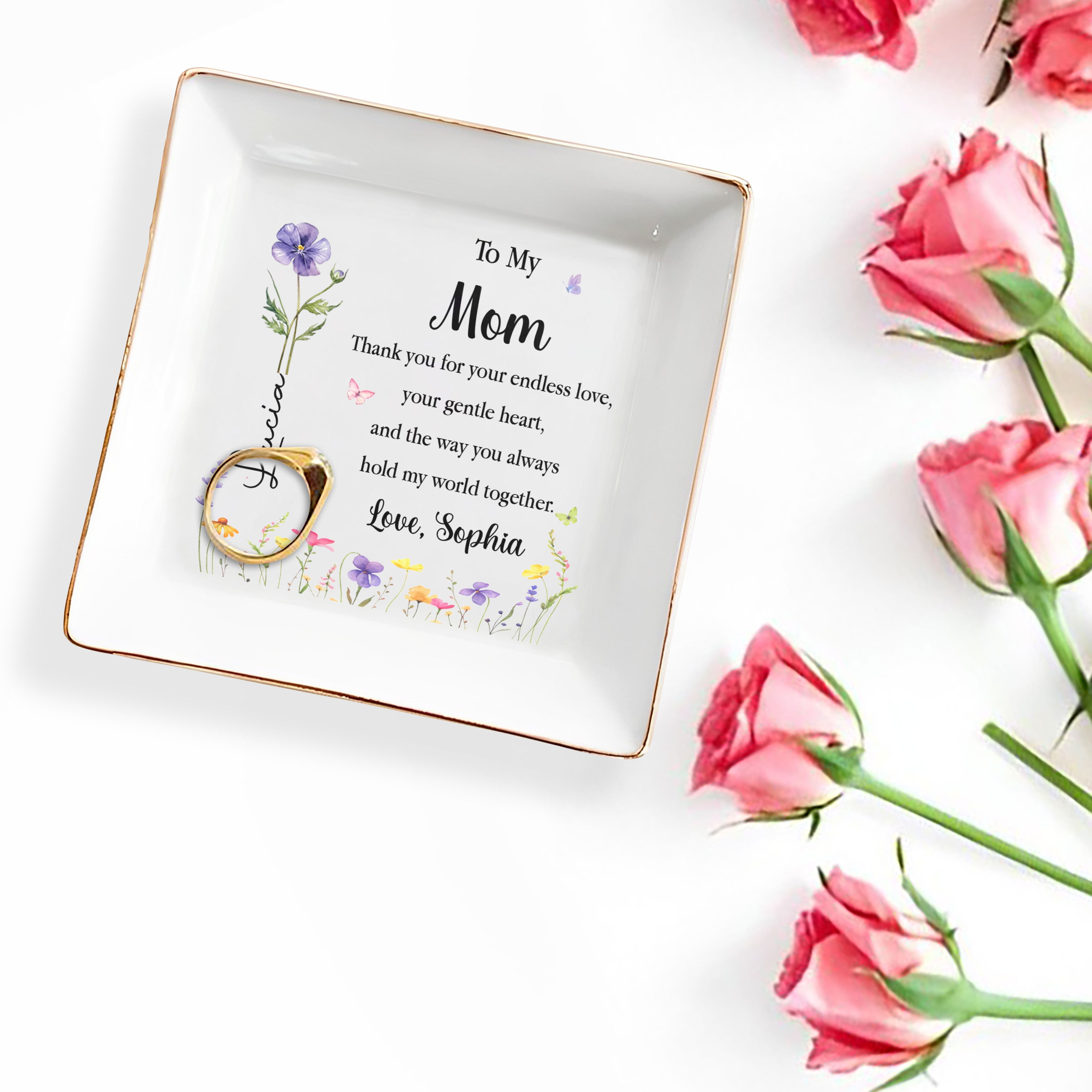 To My Mom Thank You For Your Endless Love Birth Month Flower - Personalized Custom Jewelry Dish, Square Ceramic Dish - MOM411_SCRD
