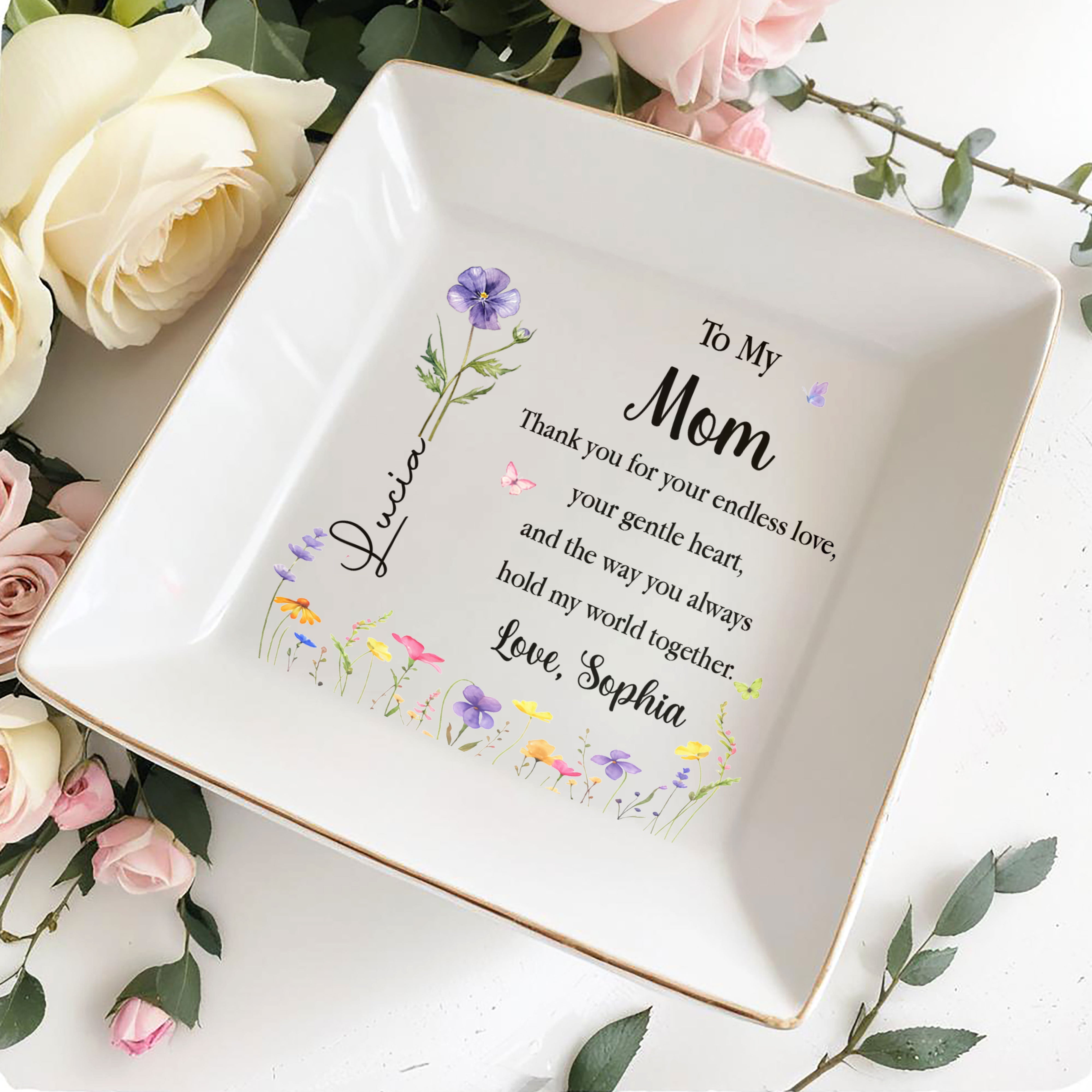 To My Mom Thank You For Your Endless Love Birth Month Flower - Personalized Custom Jewelry Dish, Square Ceramic Dish - MOM411_SCRD