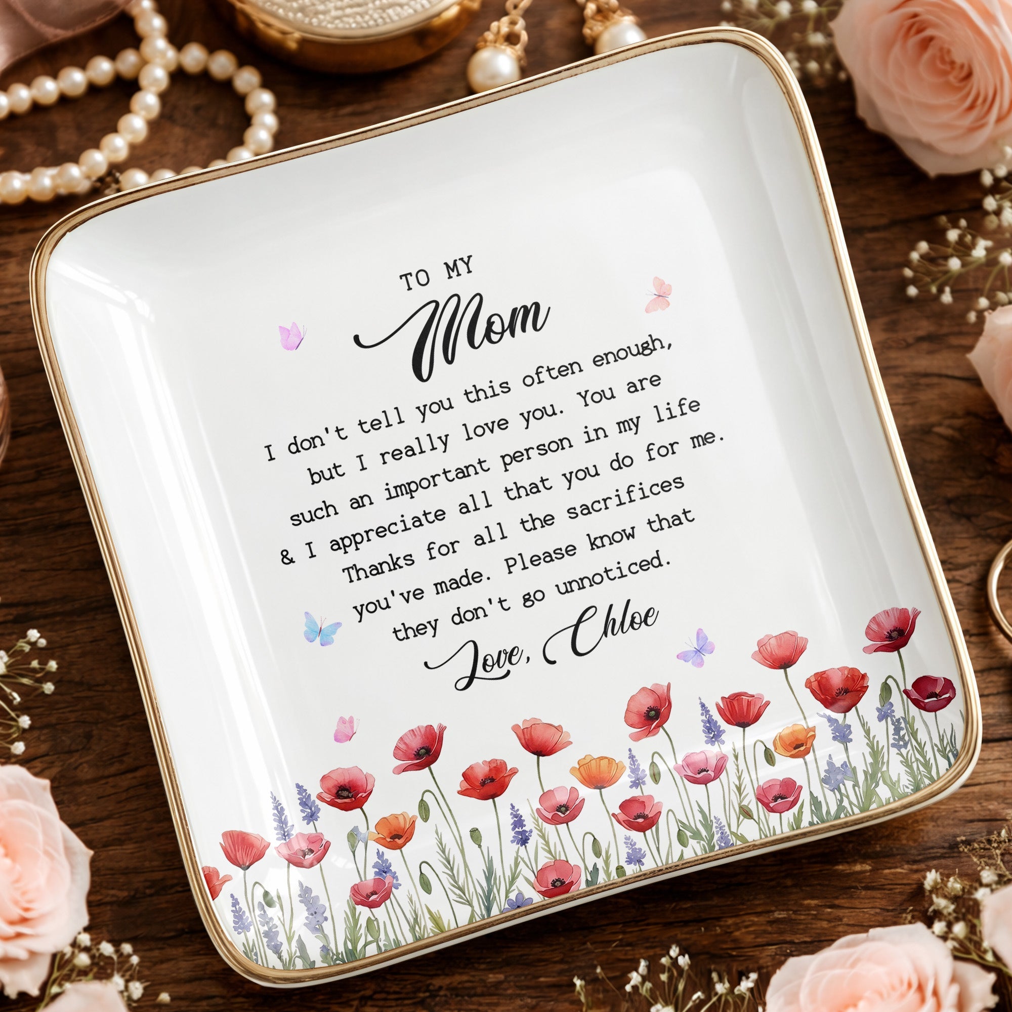 To My Mom I Love You Birth Month Flowers Ceramic Gift - Personalized Custom Jewelry Dish, Ceramic Dish, Square Shape - MOM415_SCRF