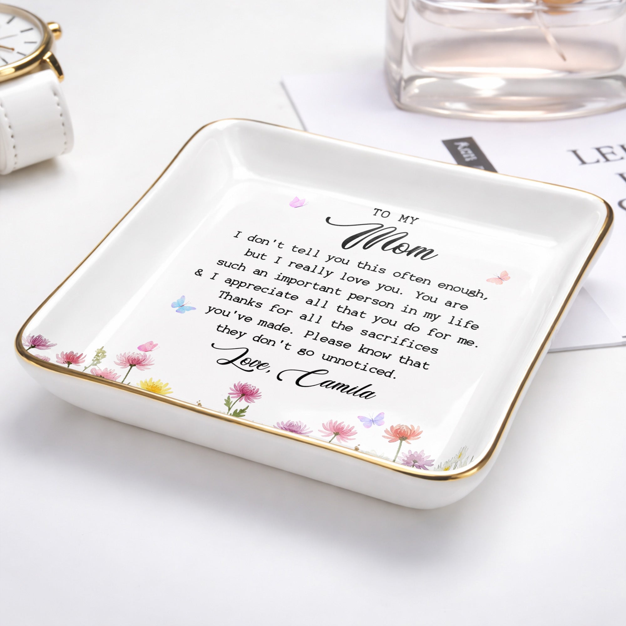 To My Mom I Love You Birth Month Flowers Ceramic Gift - Personalized Custom Jewelry Dish, Ceramic Dish, Square Shape - MOM415_SCRF