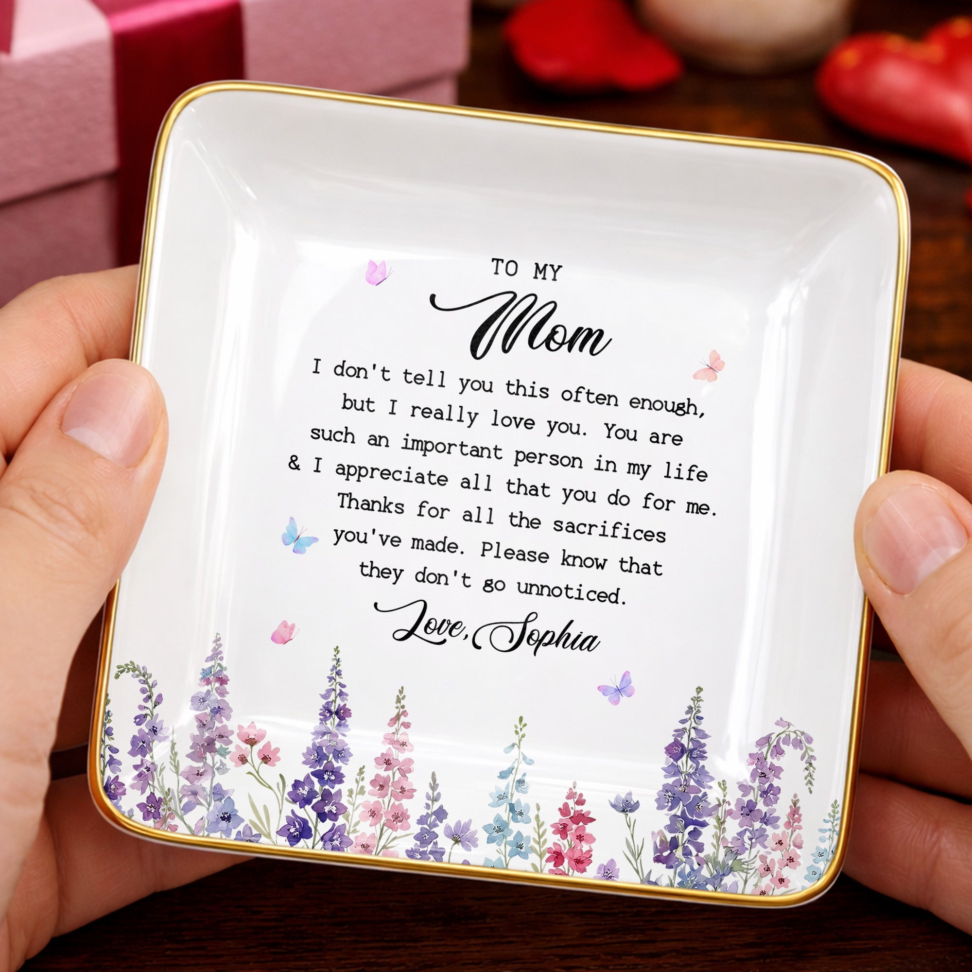To My Mom I Love You Birth Month Flowers Ceramic Gift - Personalized Custom Jewelry Dish, Ceramic Dish, Square Shape - MOM415_SCRF