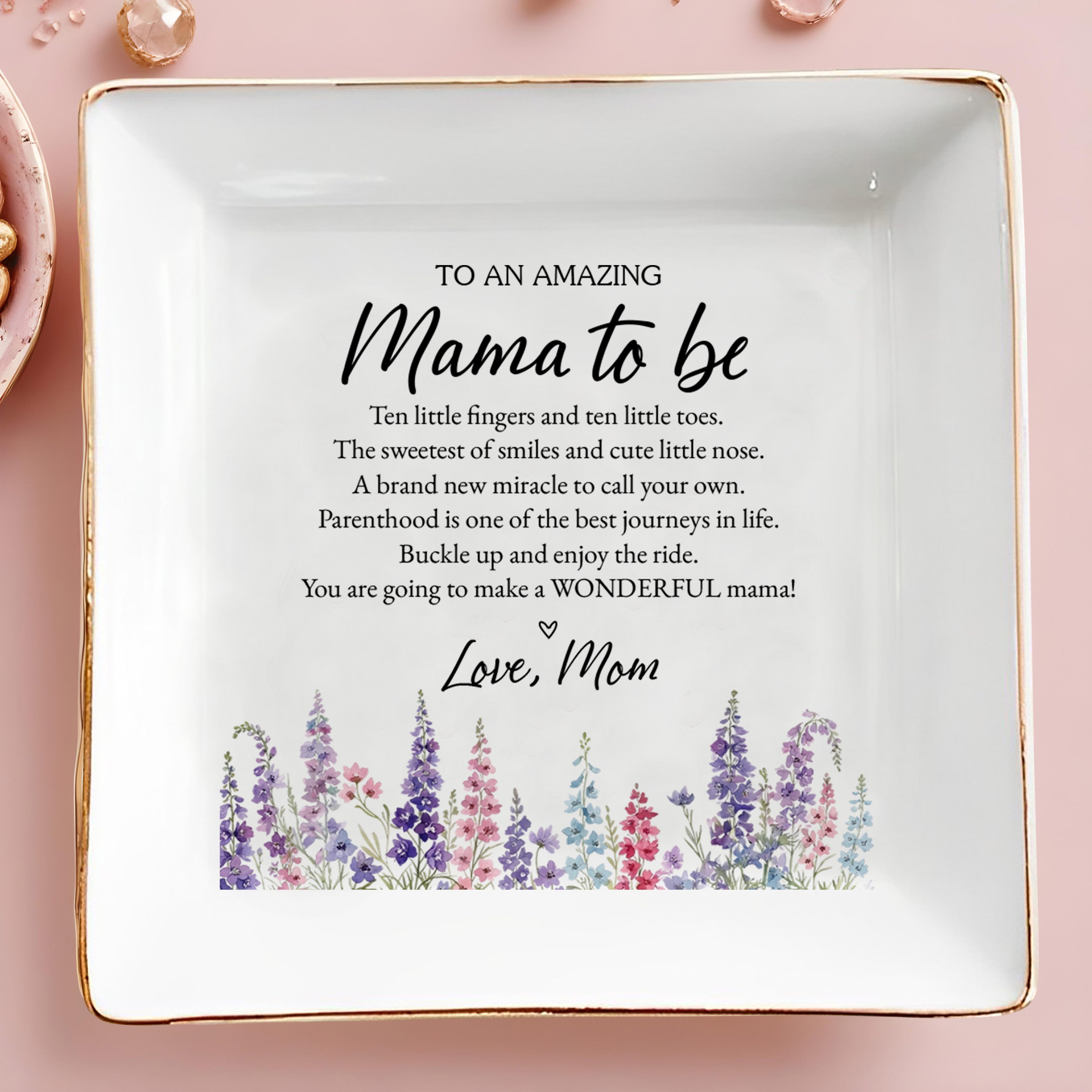 To An Amazing Mama To Be Birth Month Flowers Heart Jewelry Holder - Personalized Custom Jewelry Dish, Square Ceramic Dish - MOM416_SCRD