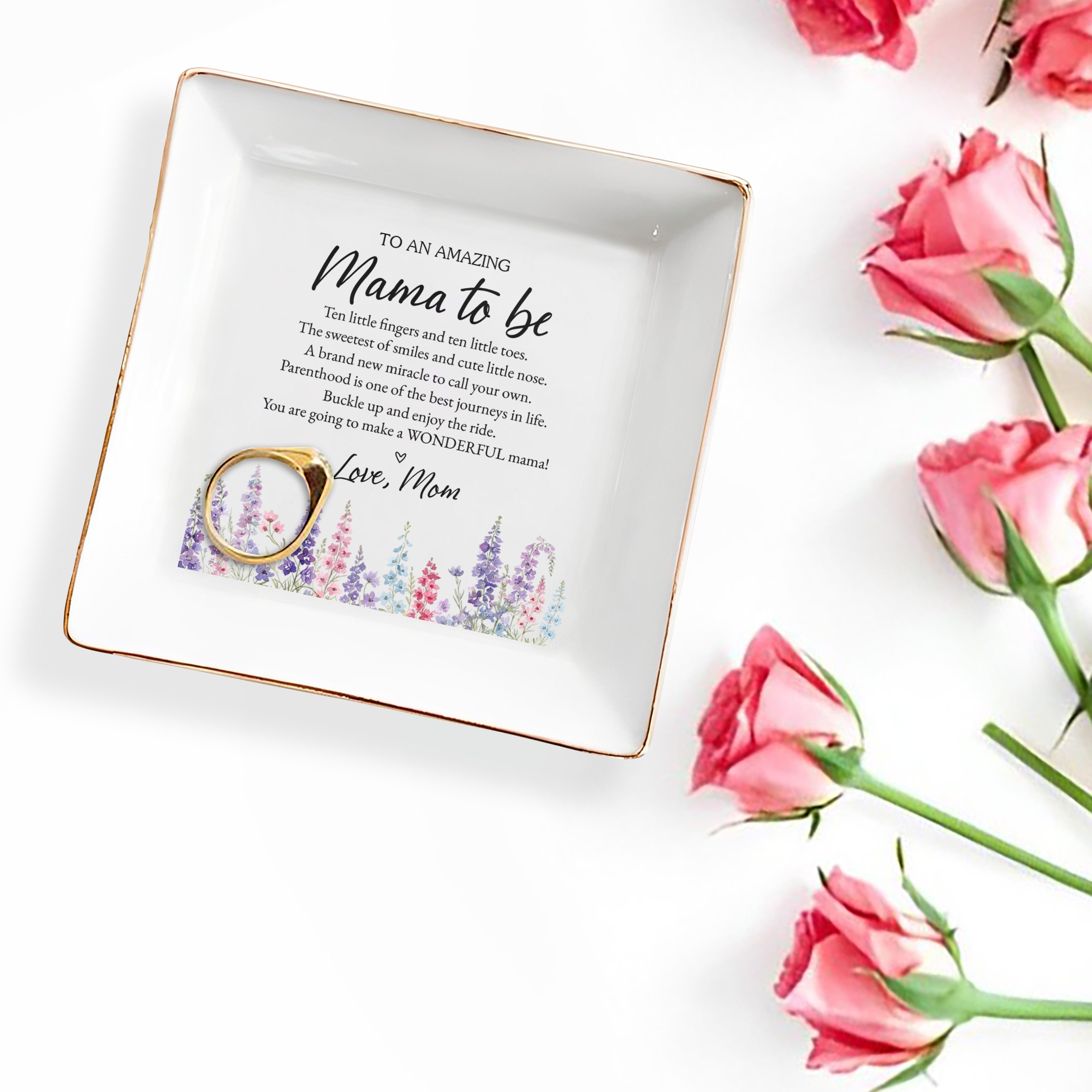 To An Amazing Mama To Be Birth Month Flowers Heart Jewelry Holder - Personalized Custom Jewelry Dish, Square Ceramic Dish - MOM416_SCRD