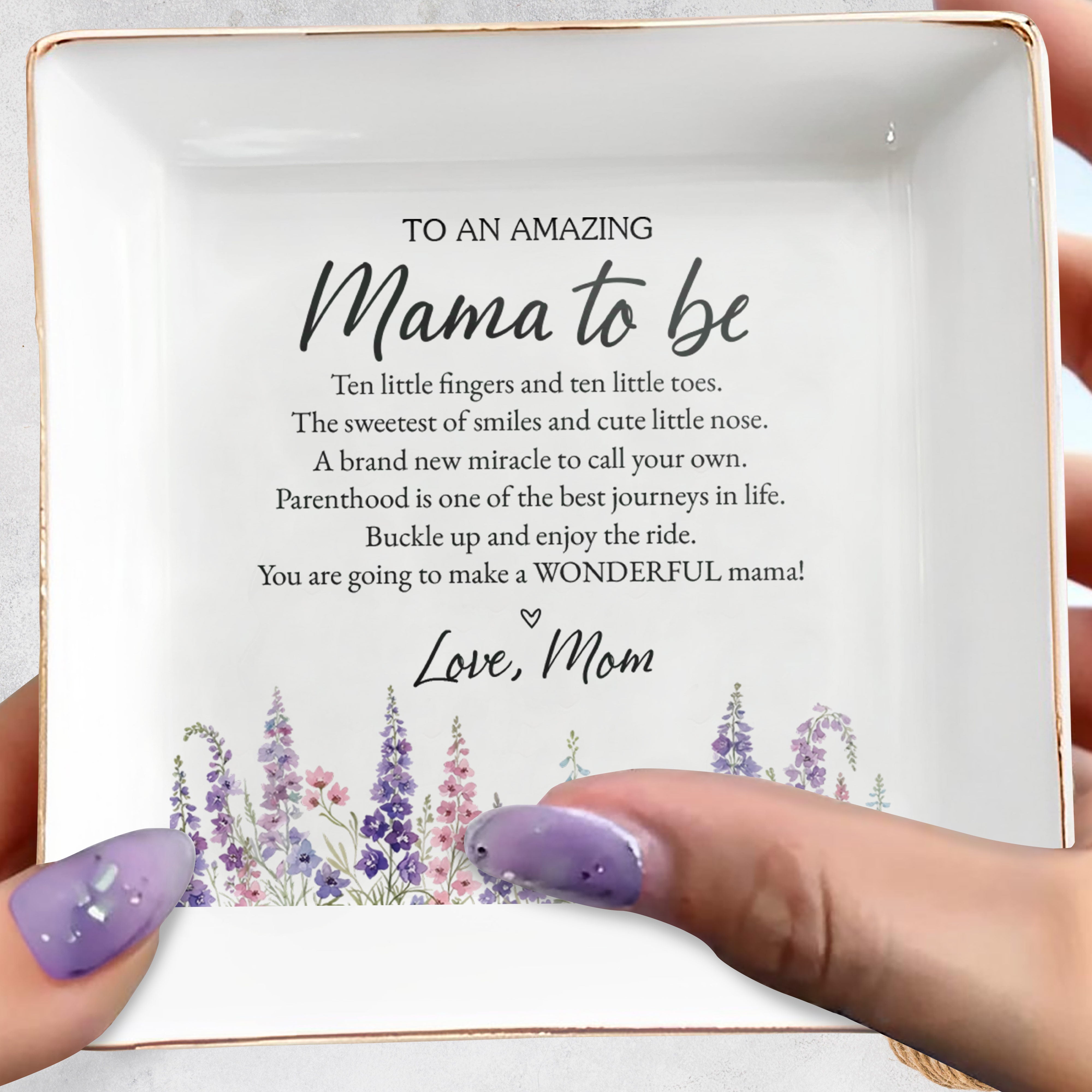 To An Amazing Mama To Be Birth Month Flowers Heart Jewelry Holder - Personalized Custom Jewelry Dish, Square Ceramic Dish - MOM416_SCRD