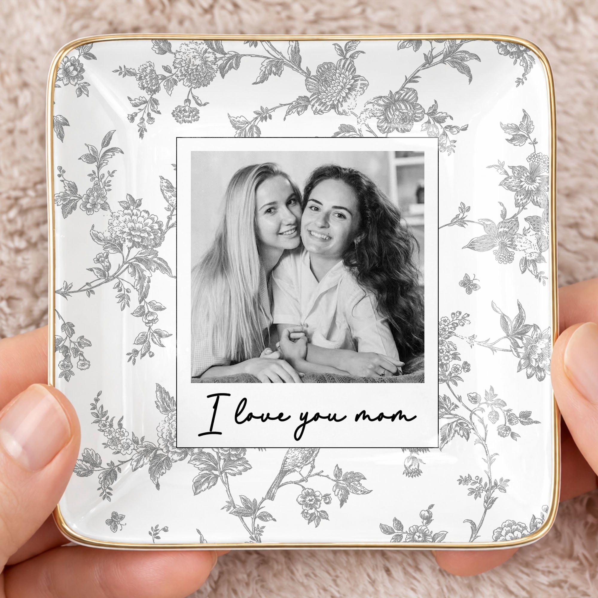 I Love You Mom Custom Photo And Floral Pattern - Personalized Custom Jewelry Dish, Ceramic Dish, Square Shape - MOM421_SCRF