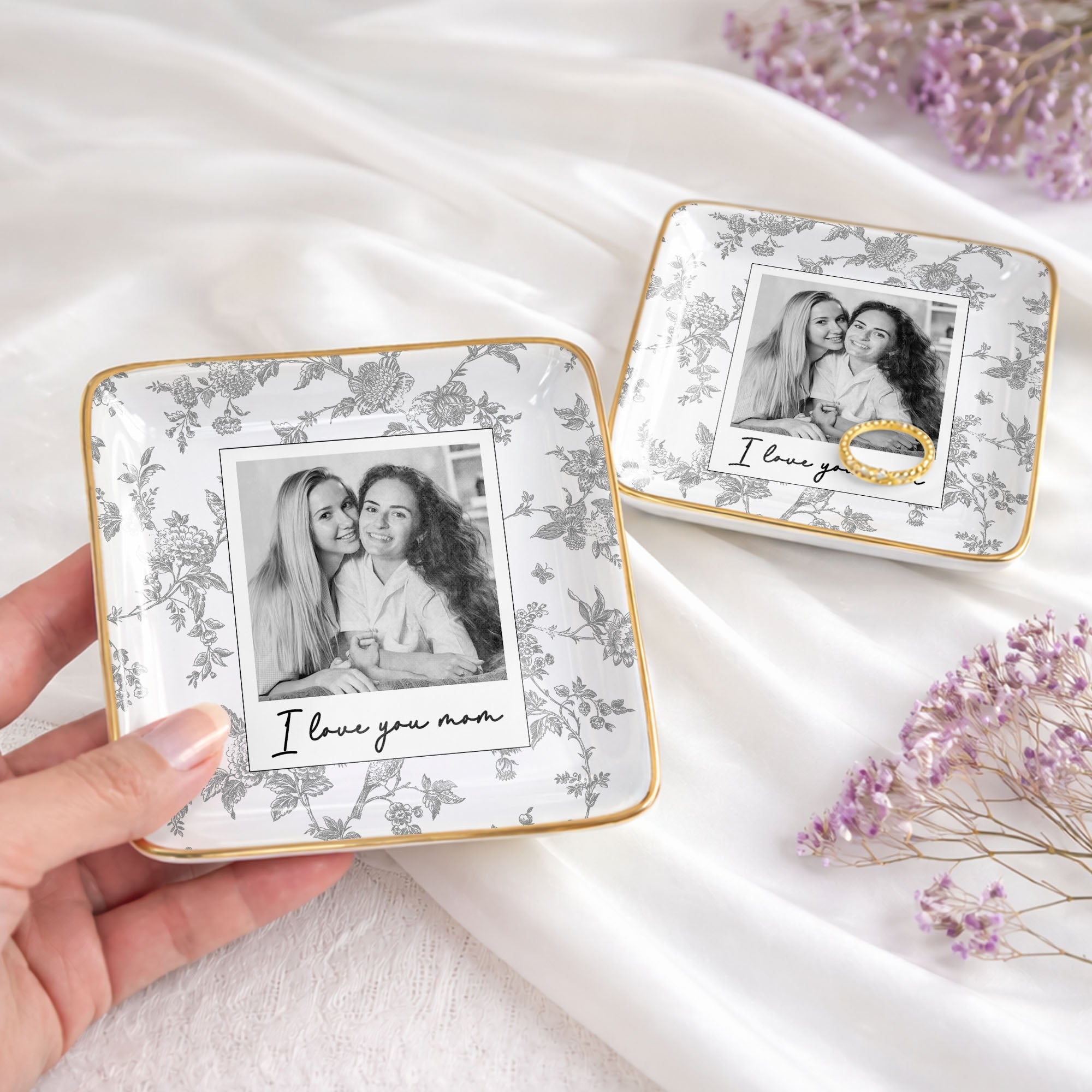 I Love You Mom Custom Photo And Floral Pattern - Personalized Custom Jewelry Dish, Ceramic Dish, Square Shape - MOM421_SCRF