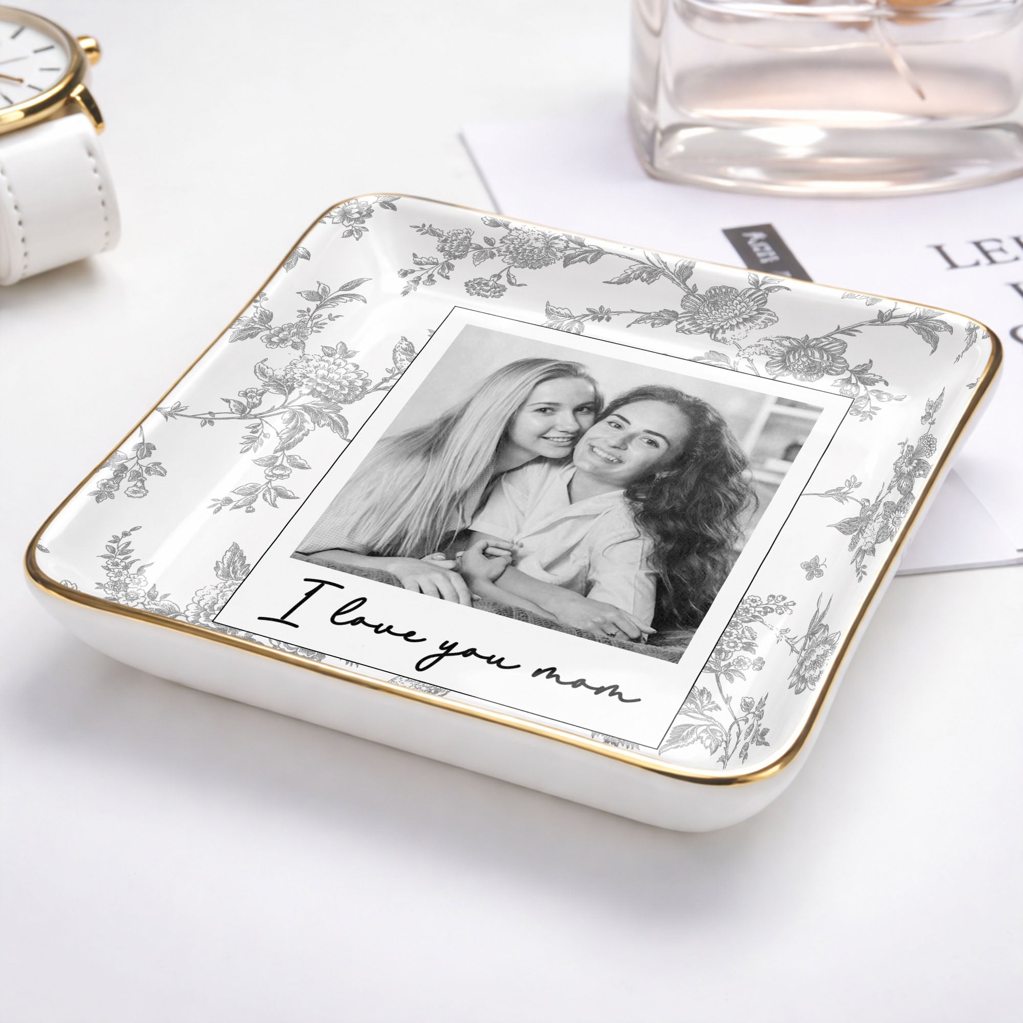 I Love You Mom Custom Photo And Floral Pattern - Personalized Custom Jewelry Dish, Ceramic Dish, Square Shape - MOM421_SCRF