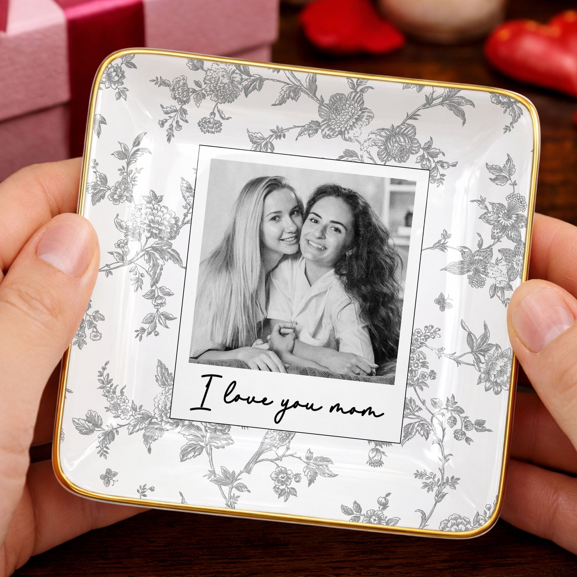 I Love You Mom Custom Photo And Floral Pattern - Personalized Custom Jewelry Dish, Ceramic Dish, Square Shape - MOM421_SCRF