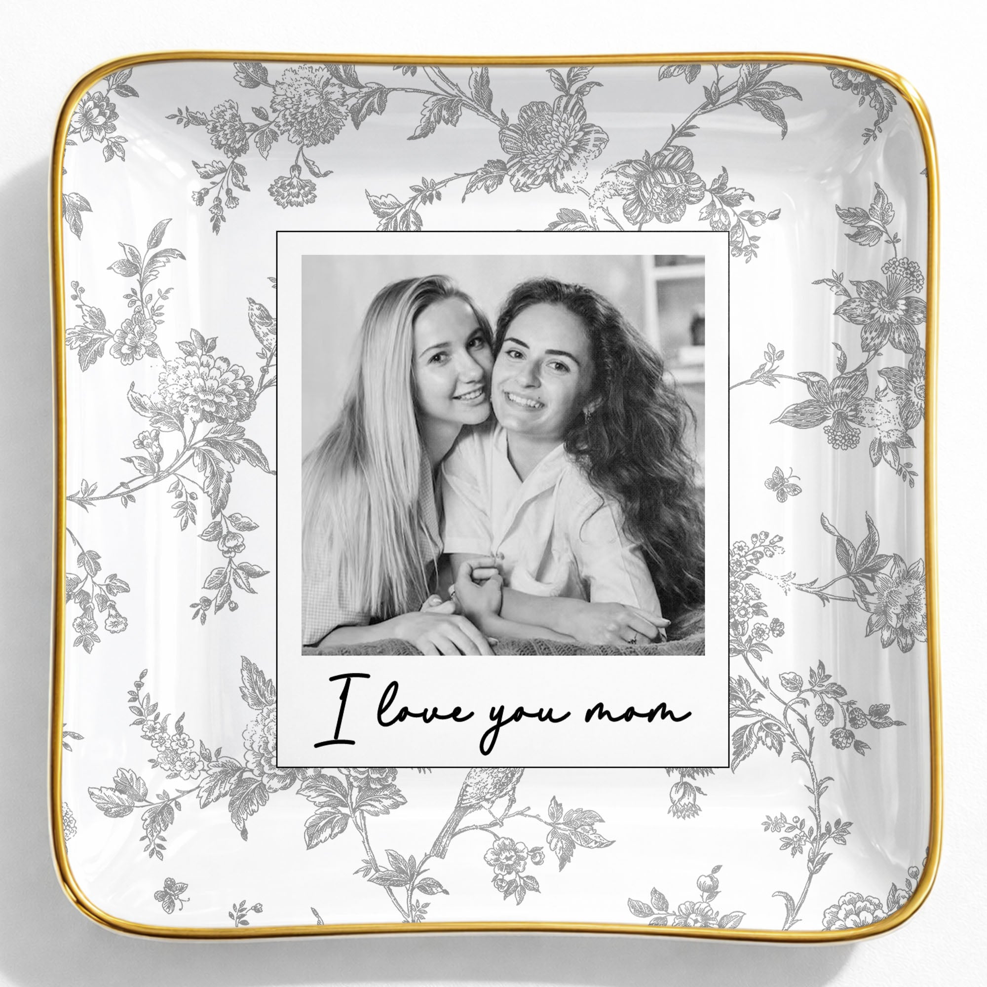 I Love You Mom Custom Photo And Floral Pattern - Personalized Custom Jewelry Dish, Ceramic Dish, Square Shape - MOM421_SCRF